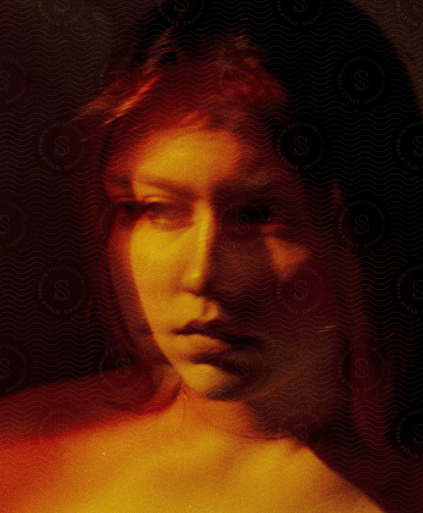 Blurred photo of a girl looking sideways illuminated by orange light and reflections