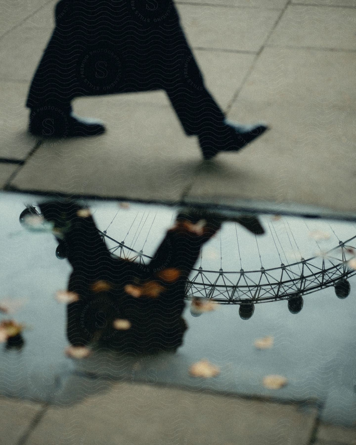 A person walks along a street with a clear focus on their shoe