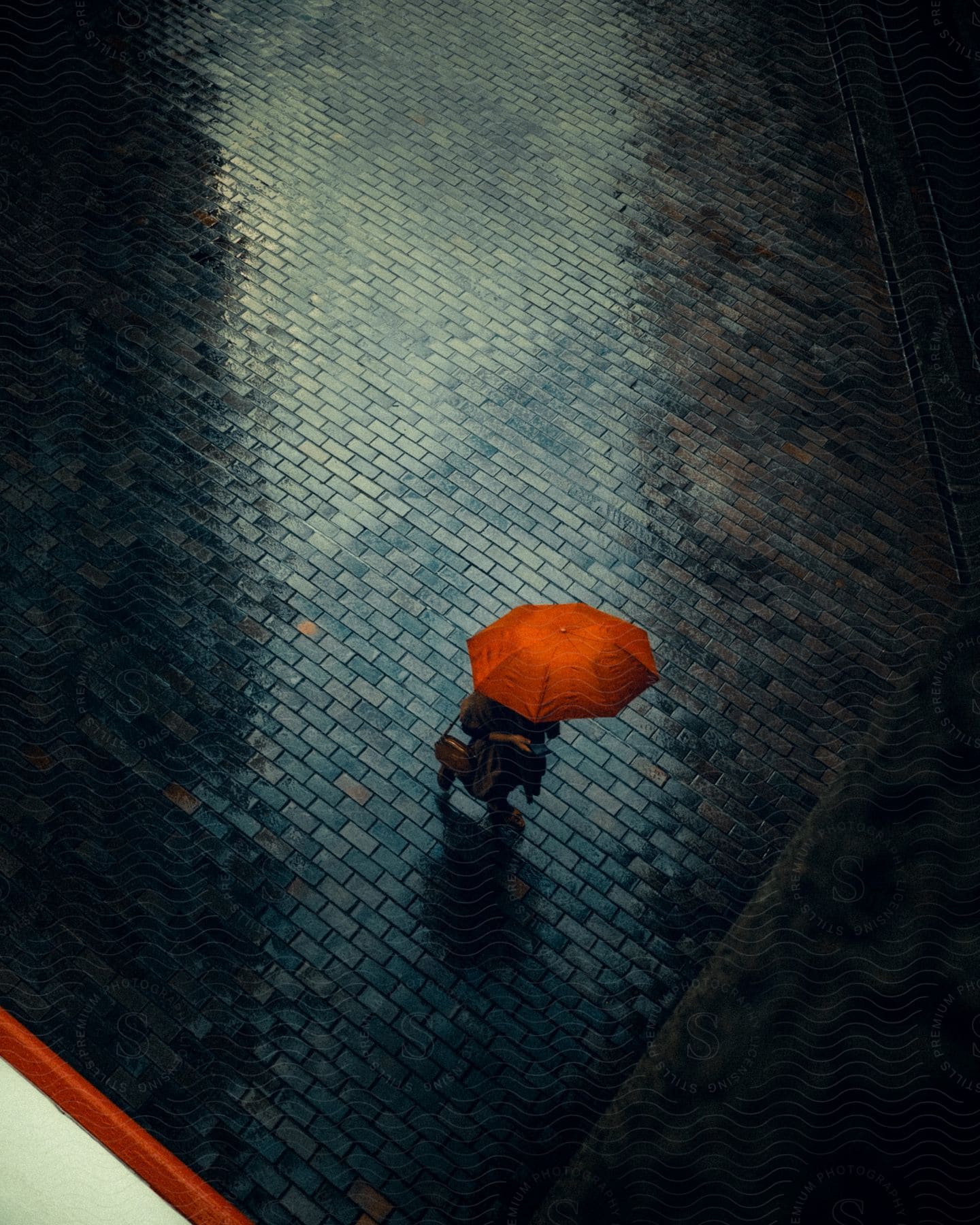 A person walks on a brick road holding an orange umbrella under the rain