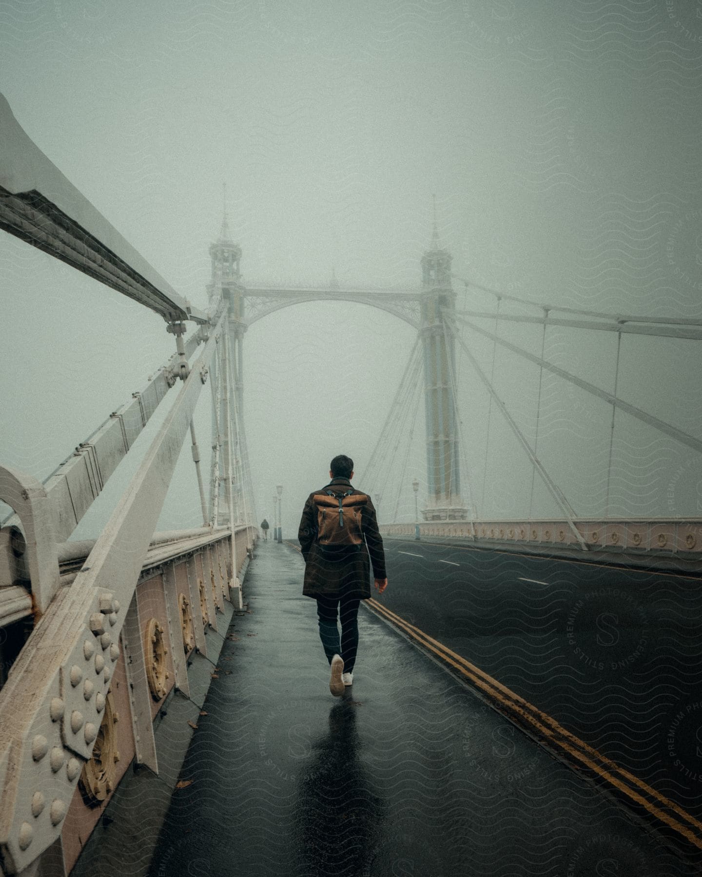 Man with a backpack walking through the albert bridge seen from the back