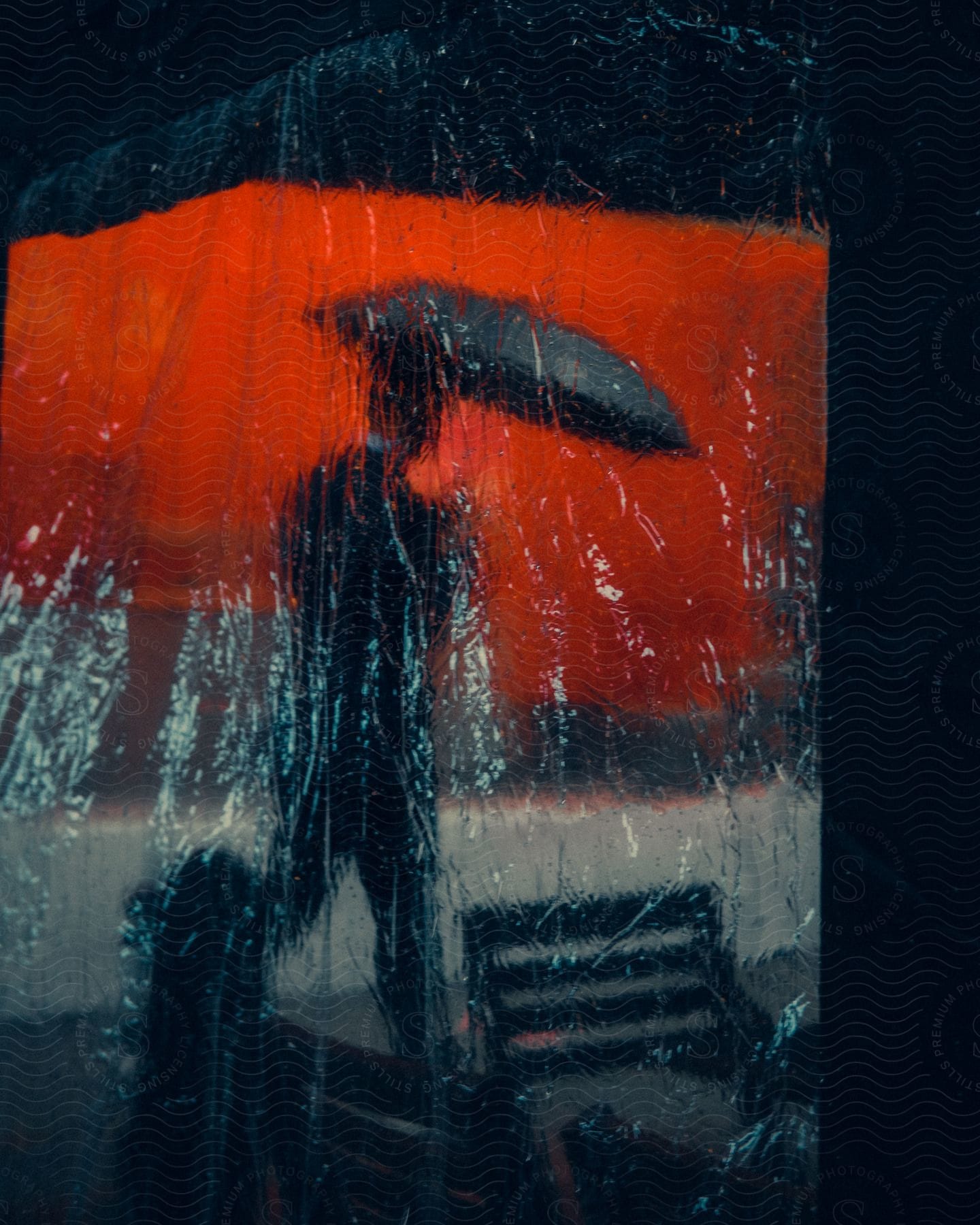 A man in a suit holds an umbrella behind a red lit surface partially obscured by a clear plastic cover in a city scene