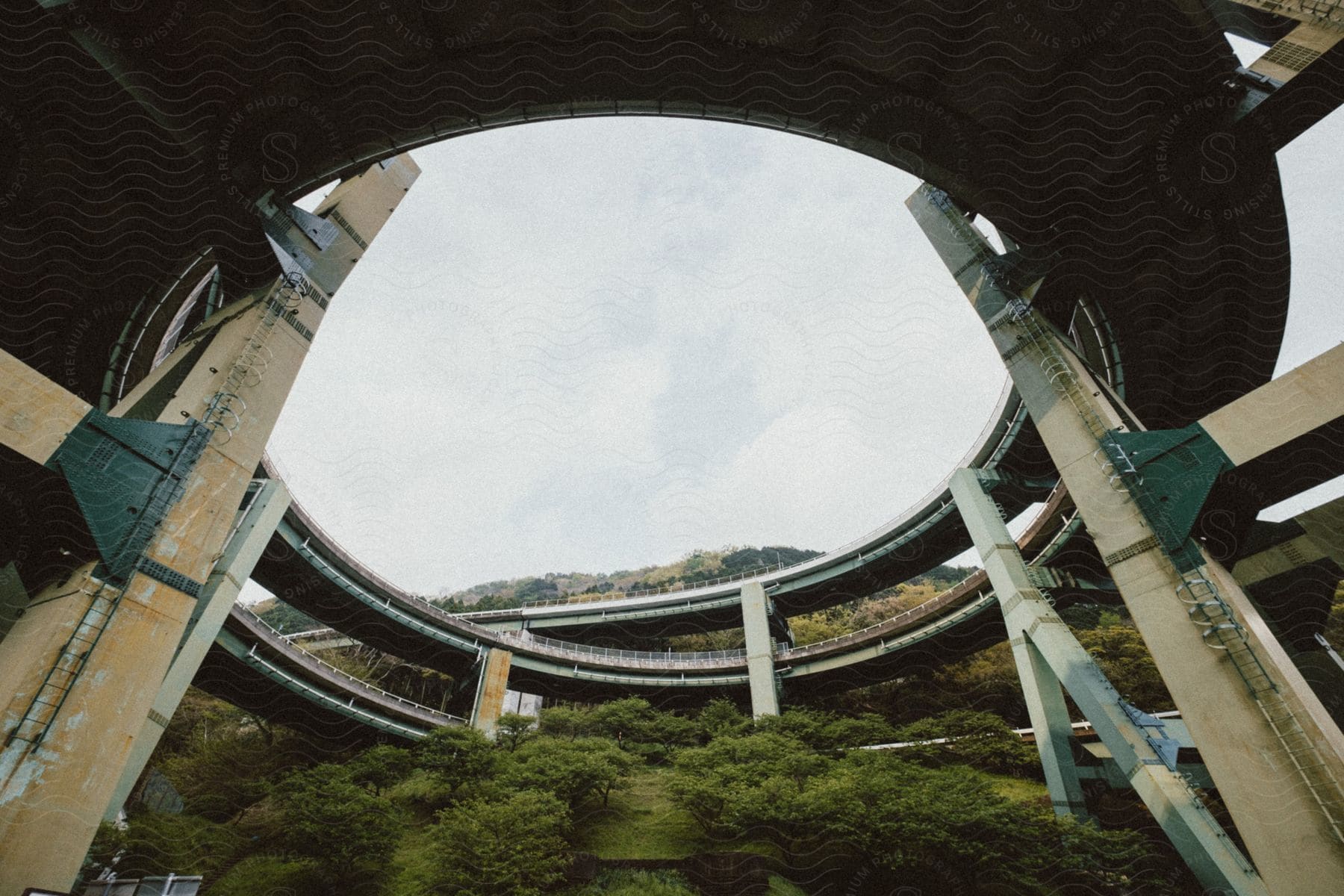 Circular roadway bridge showcasing the architectural details from underneath