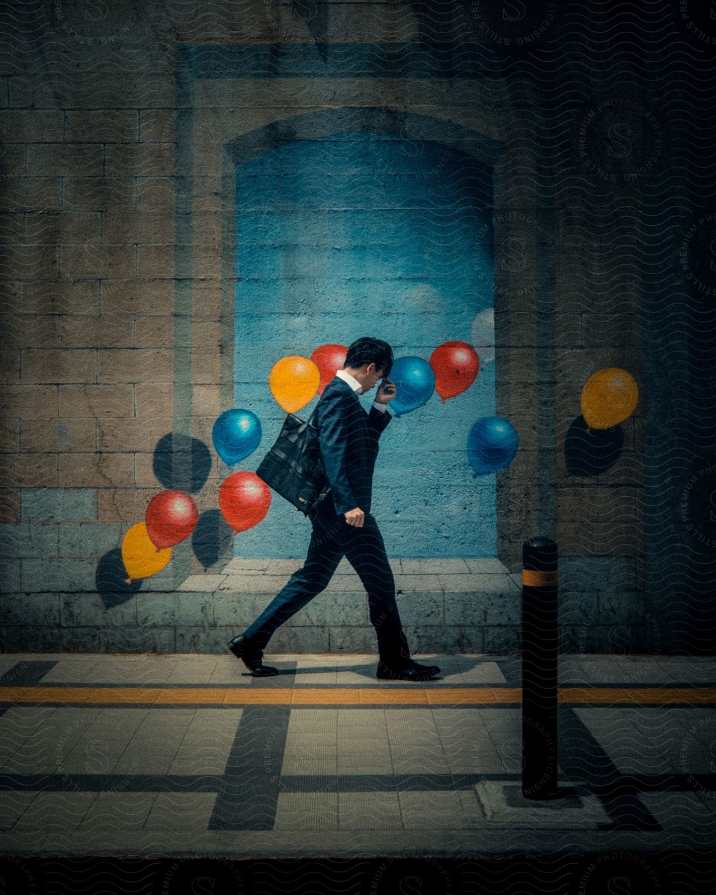 A man in a stylish suit walks past a wall adorned with colorful balloons adding a playful touch to the scene