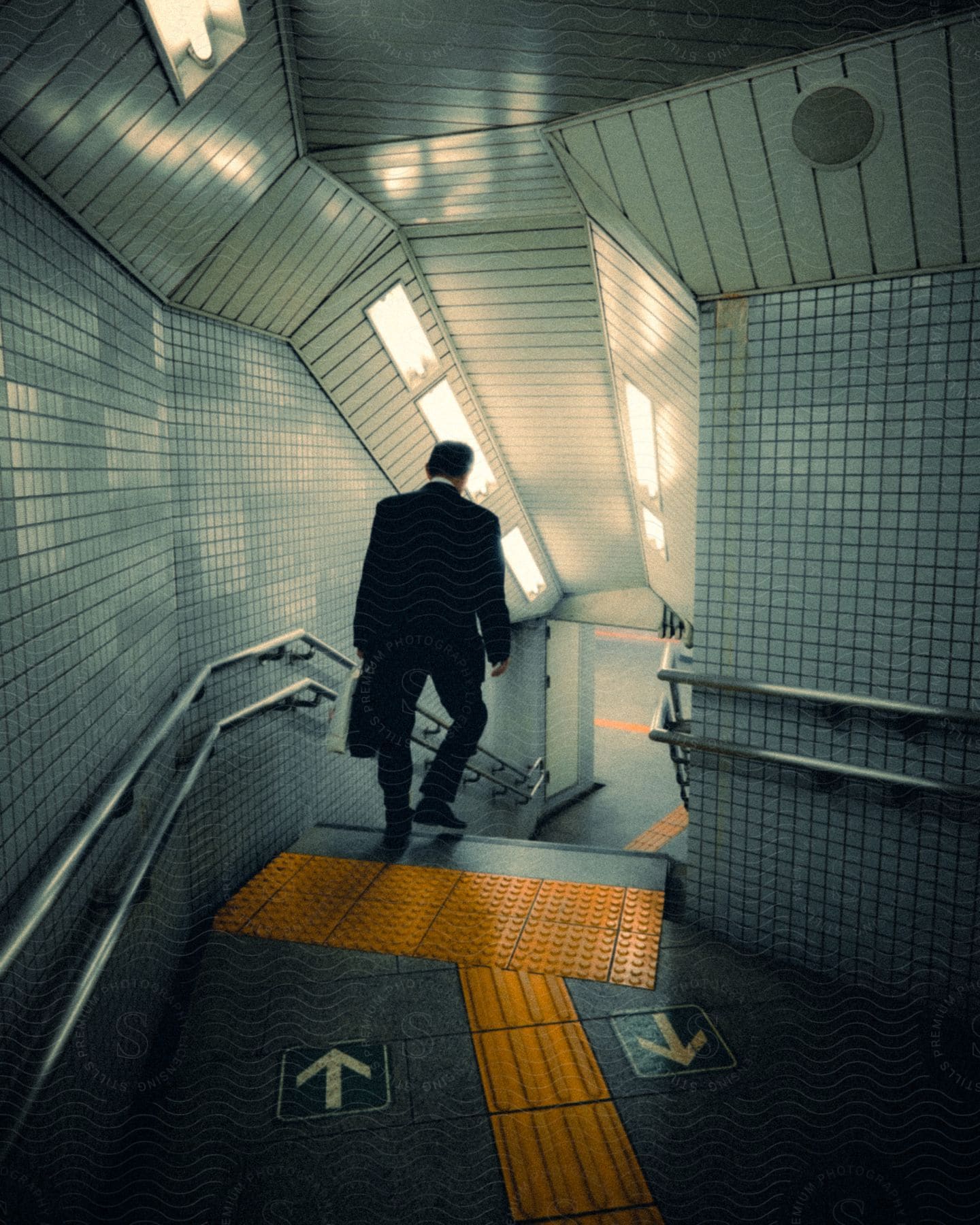Man walking downstairs in an underground corridor towards a subway station