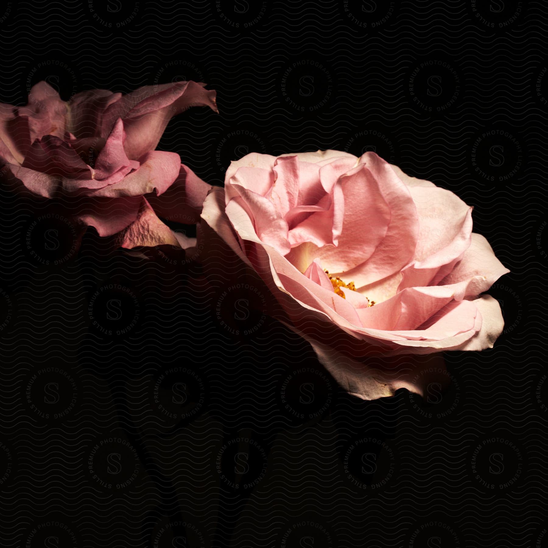 Dark pink rose juxtaposed against light pink flower both in warm glow