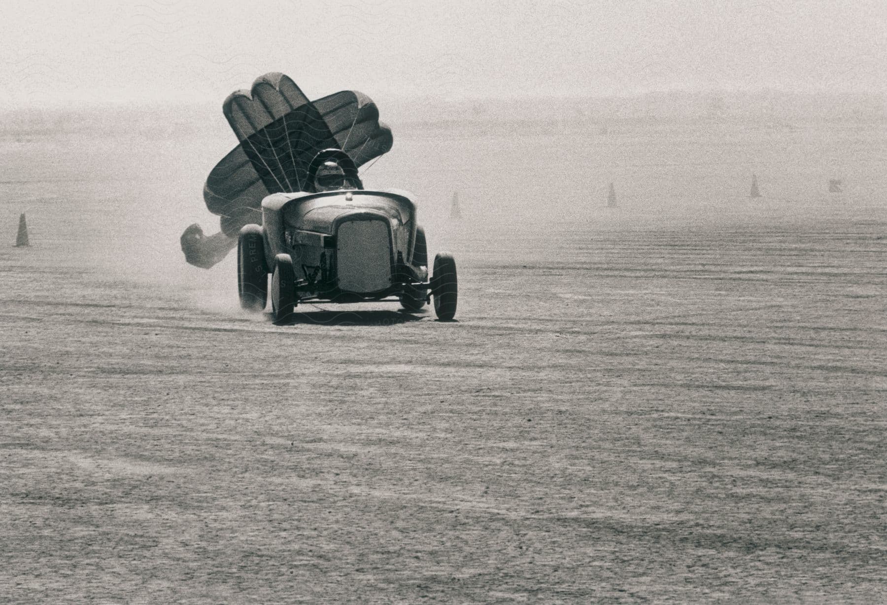 An antique race car deploying a braking chute at el mirage desert in california