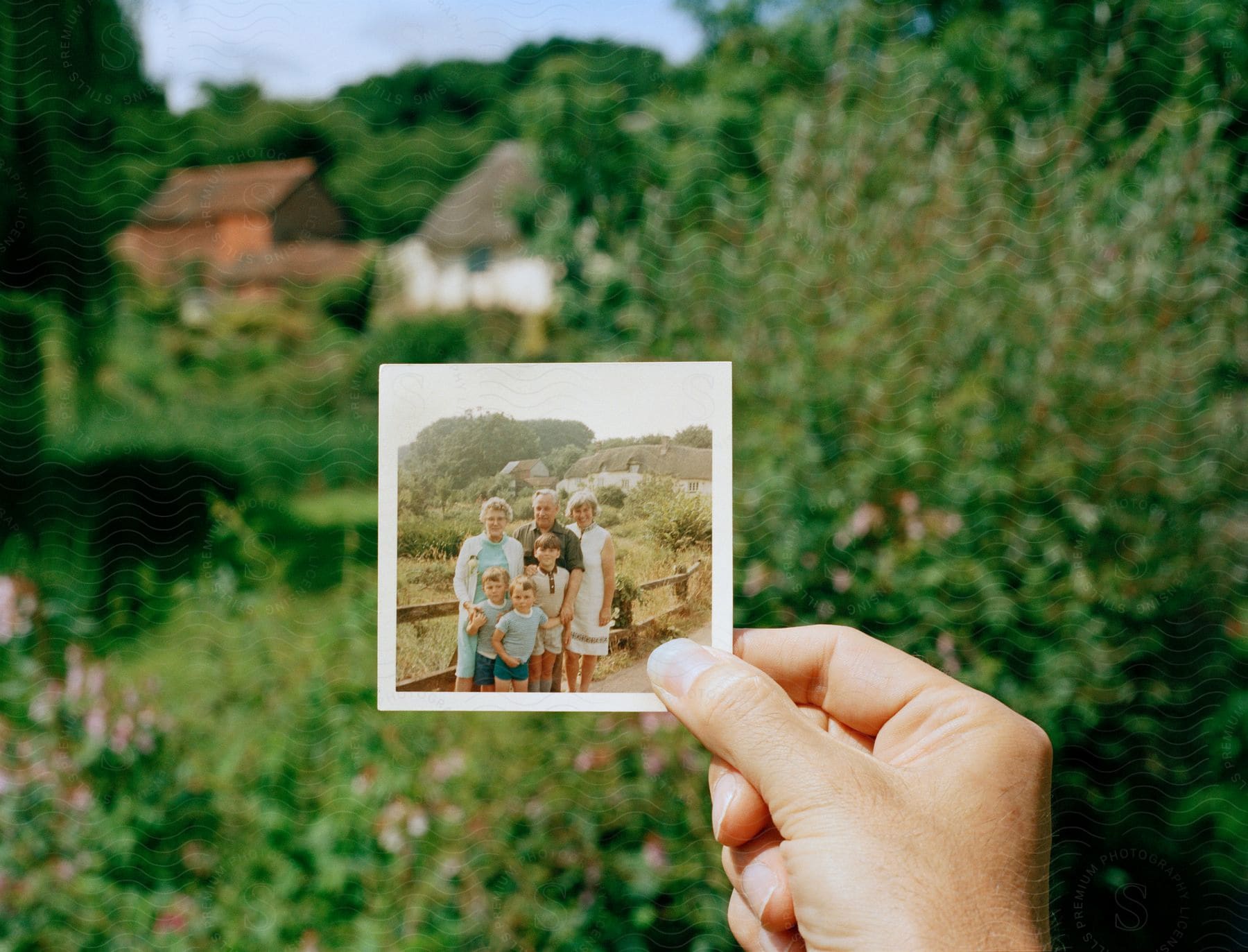 Stock photo of a hand holding a picture of a family in a grassy background