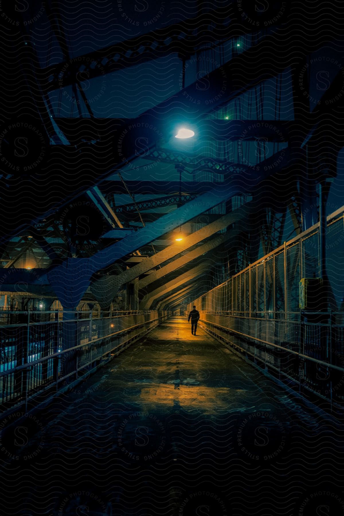 Silhouette of a person walking on a steel bridge at night in new york