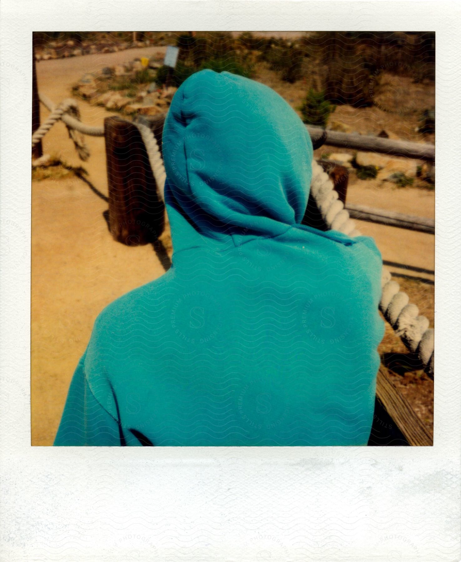 A person in a teal hoodie leans up against a rope barrier