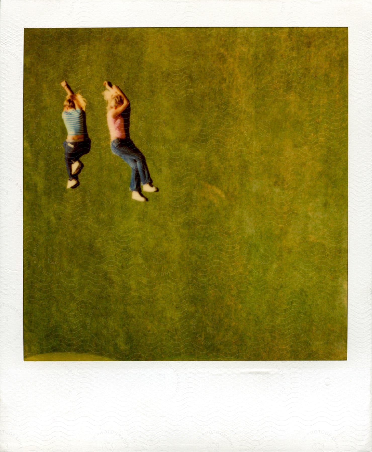 Two women lying on the grass in an oldlook photograph