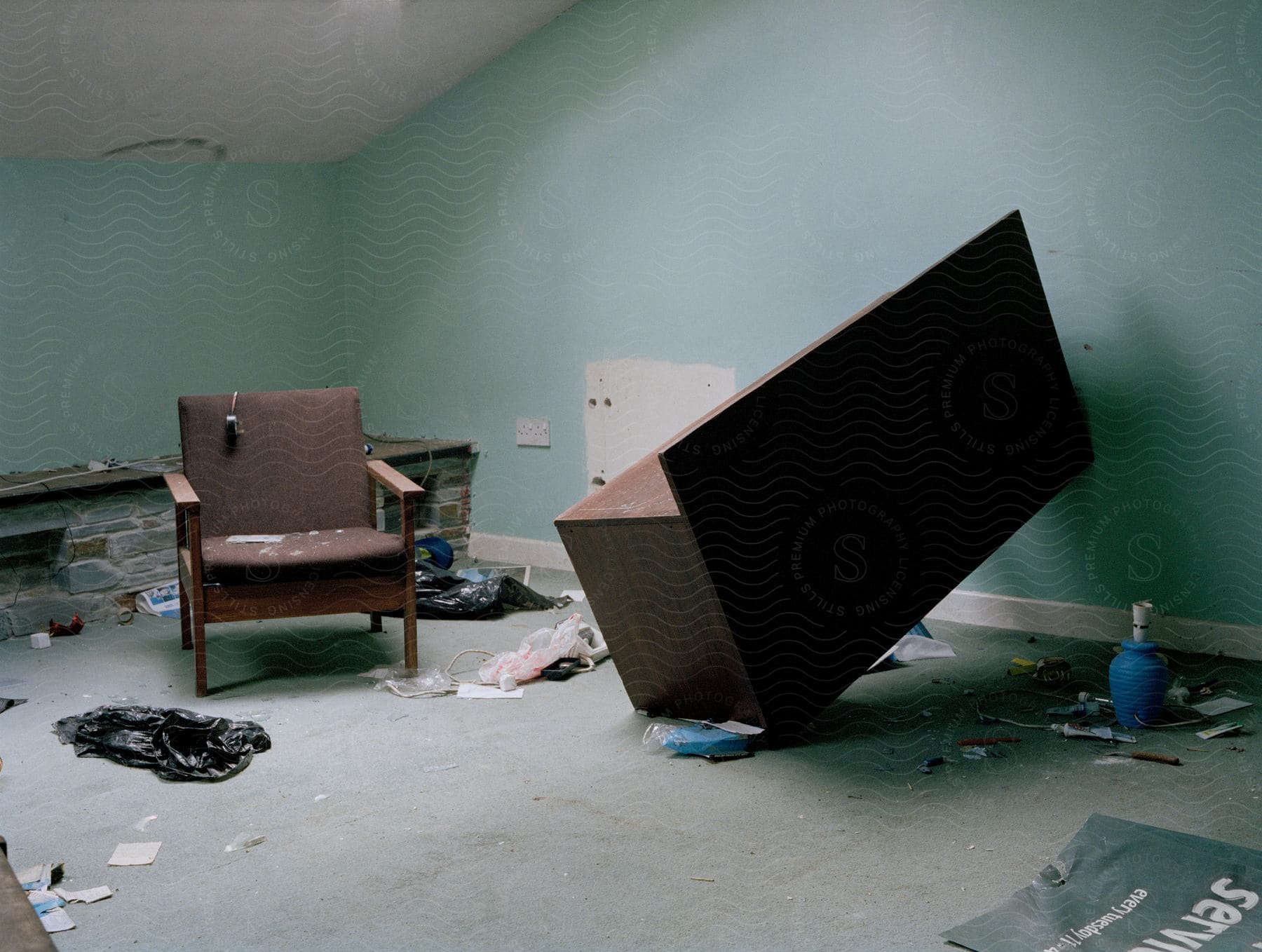 A chaotic scene of broken furniture and trash inside an abandoned house