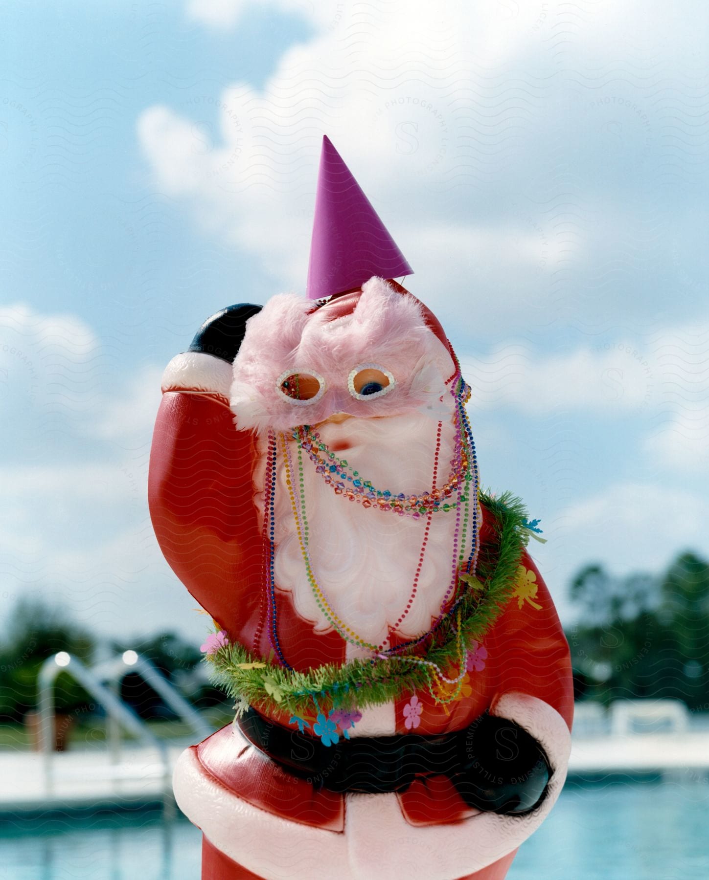 Santa claus statue with birthday hat carnival mask and flower necklace by pool in sunny florida