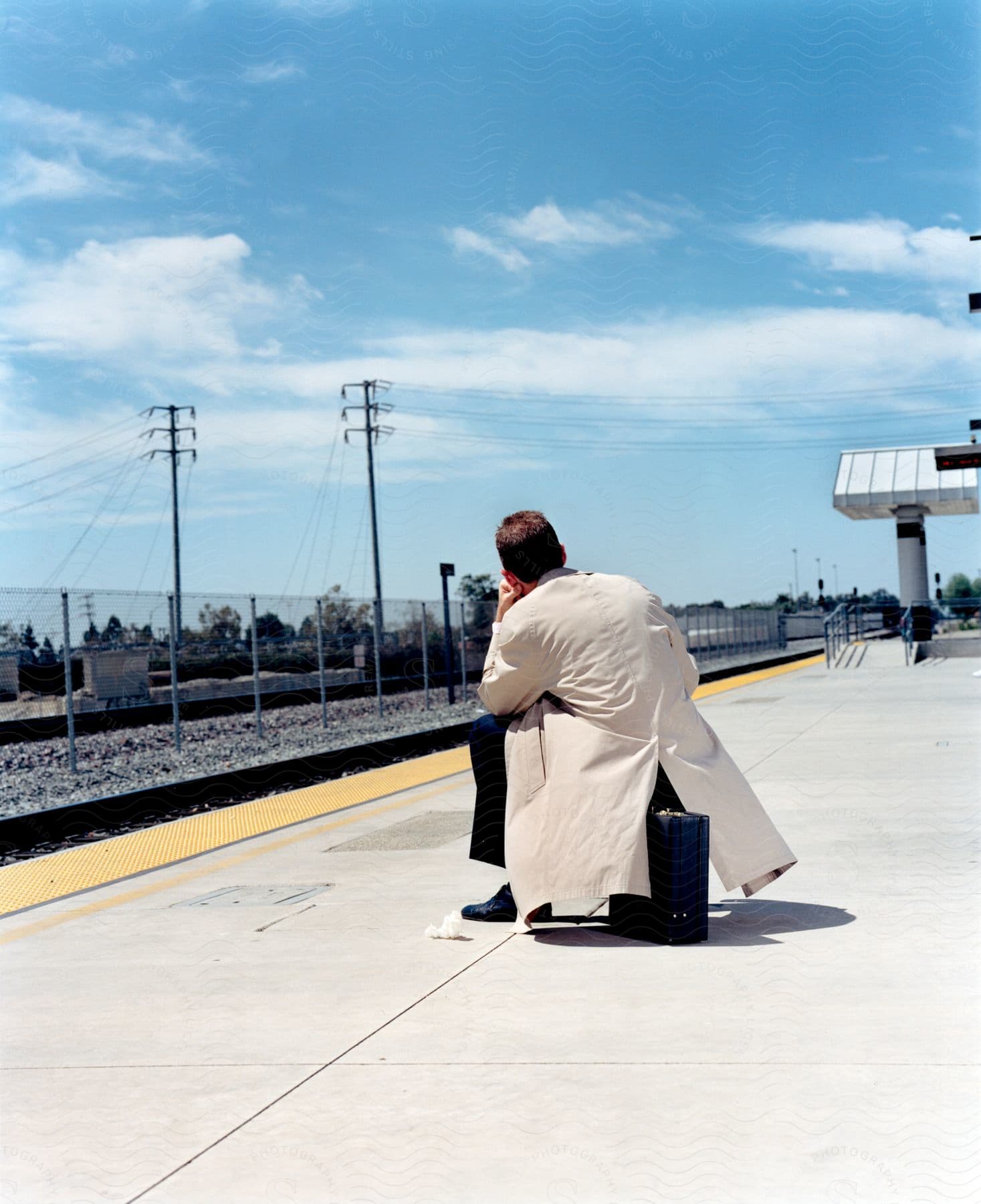 Man in white coat sitting on briefcase waiting at metro station platform