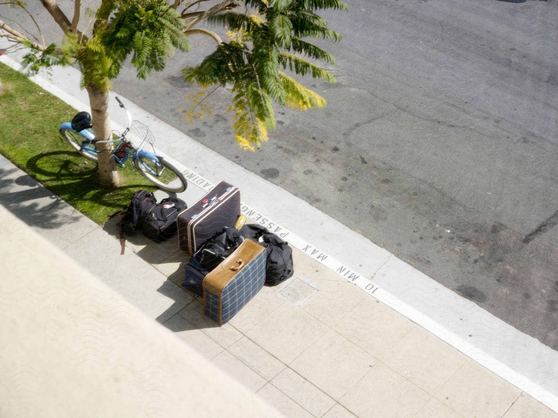 A suitcase placed beside the road near a tree with a bicycle parked and resting on the tree