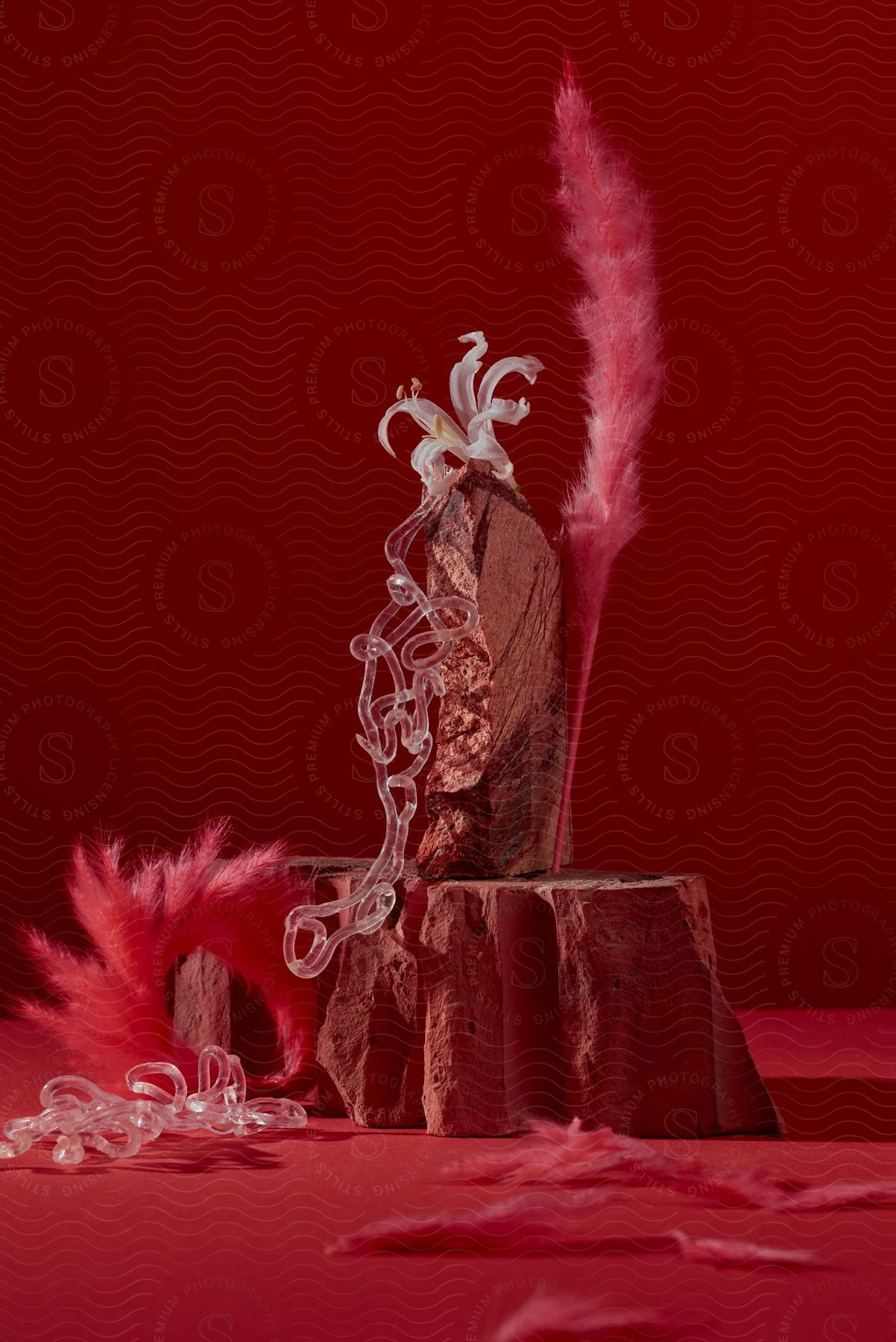 A Tree Trunk Section With Carved Wood A Feather A Flower And Shredded Paper On A Red Background