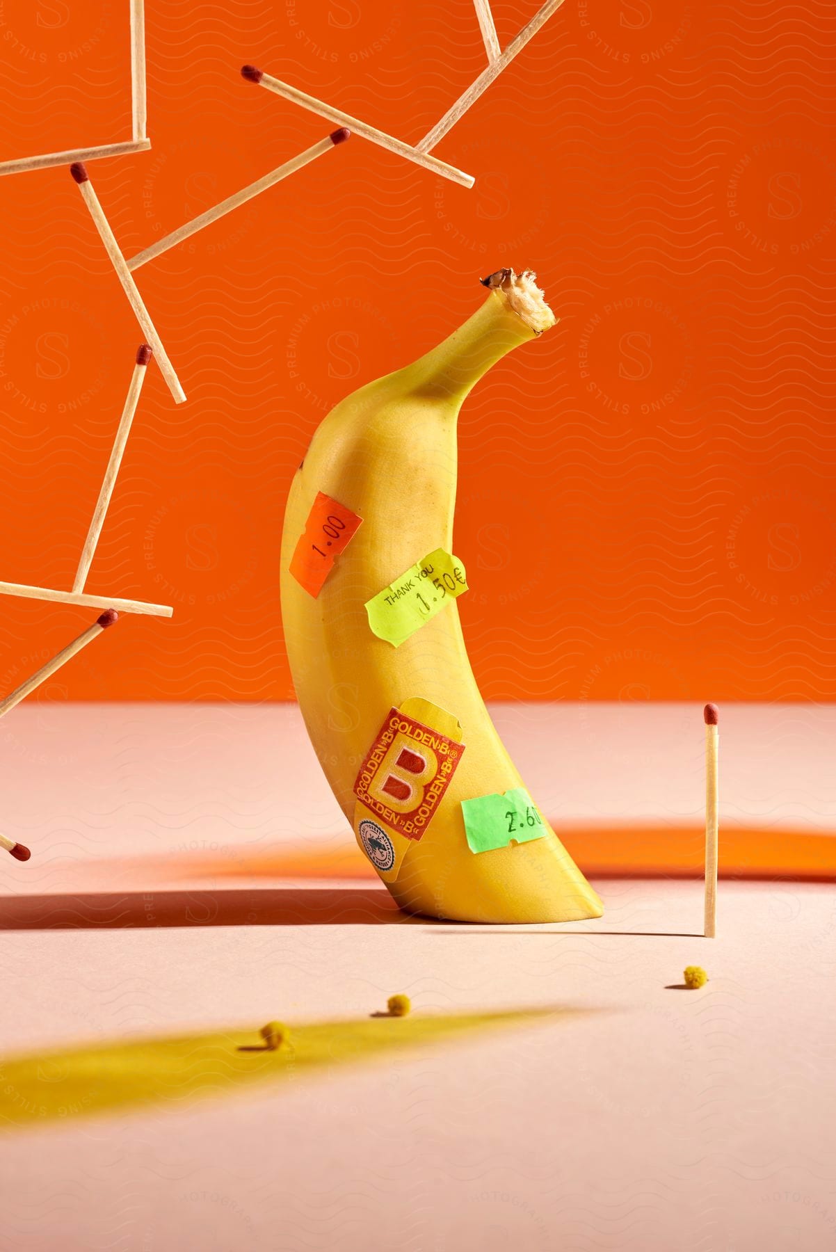 A Cut Banana With Stickers And Matches Arranged Around It In An Abstract Manner