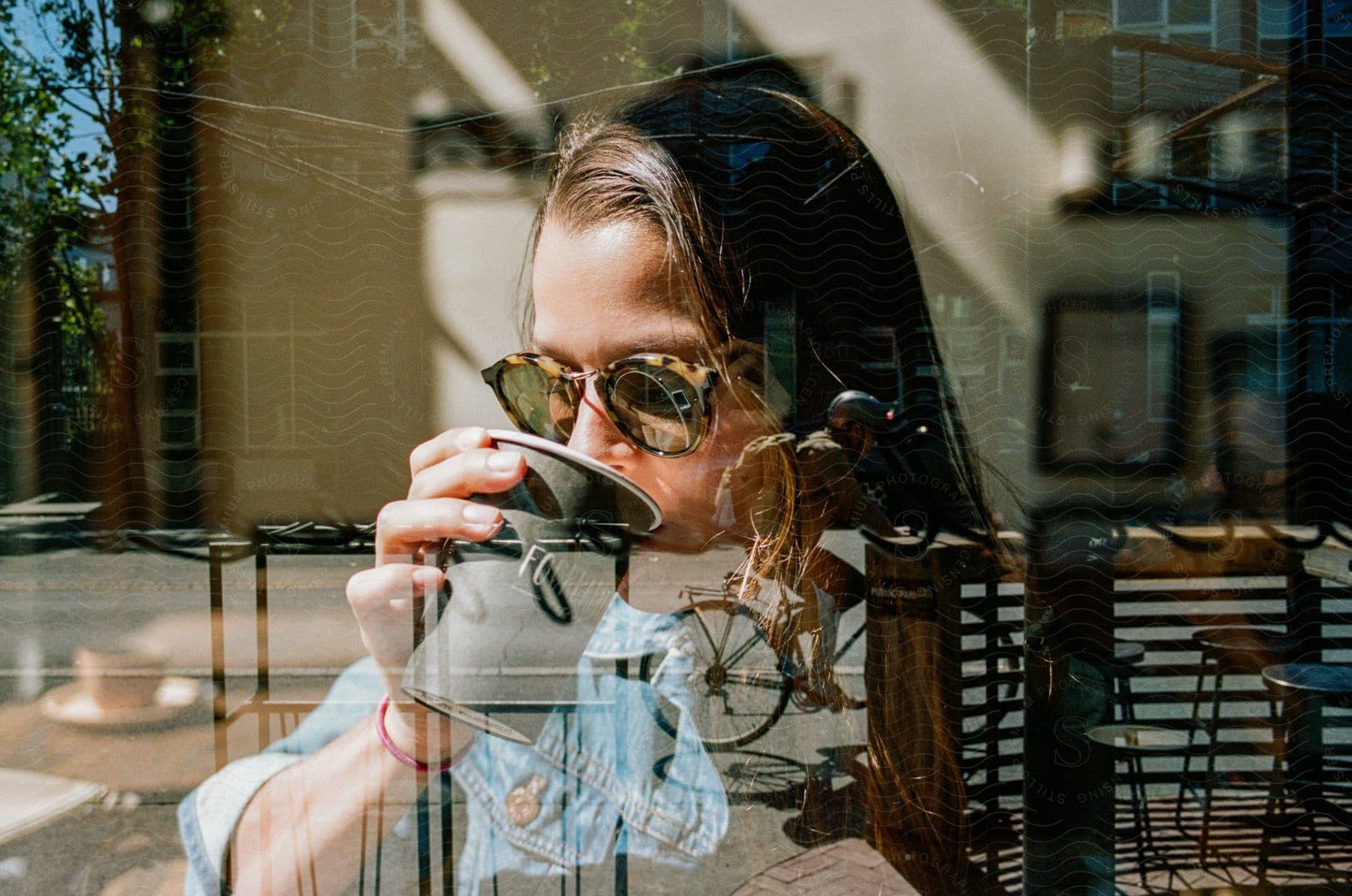 A young woman sits at a restaurant and drinks a cup of coffee in the summer