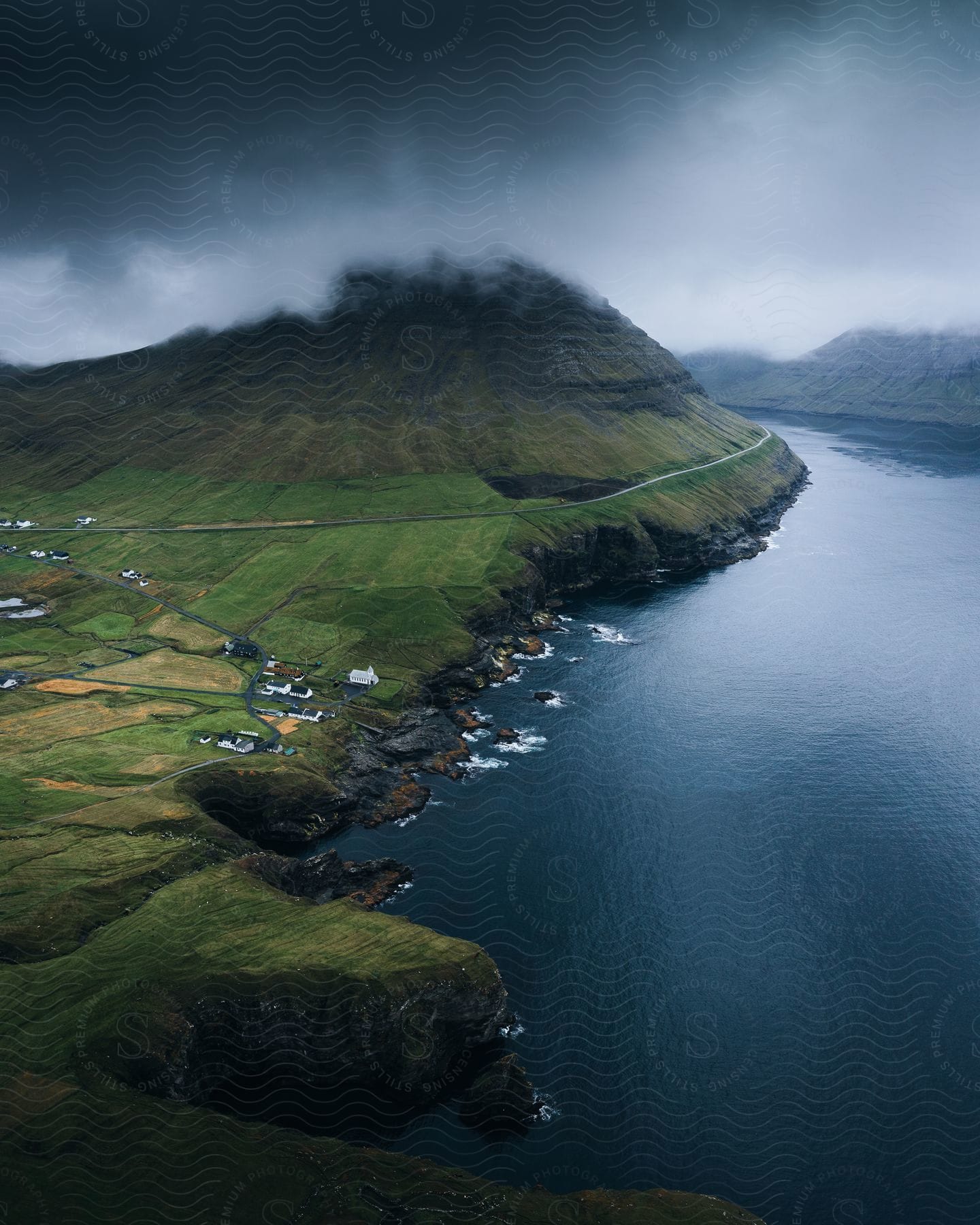 Aerial shot of the village of vidareidi on vidoy in the faroe islands