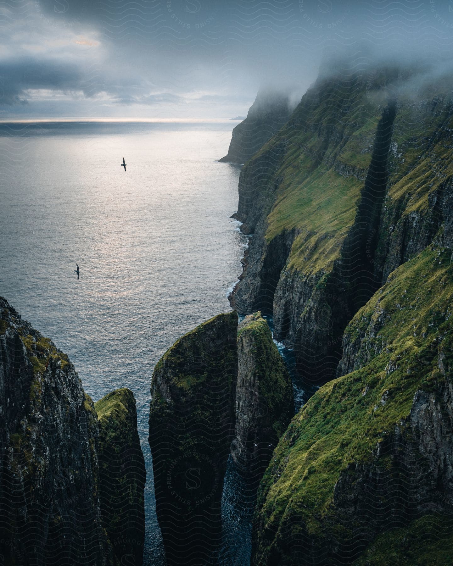 Mountainous landscape near the ocean viewed from above