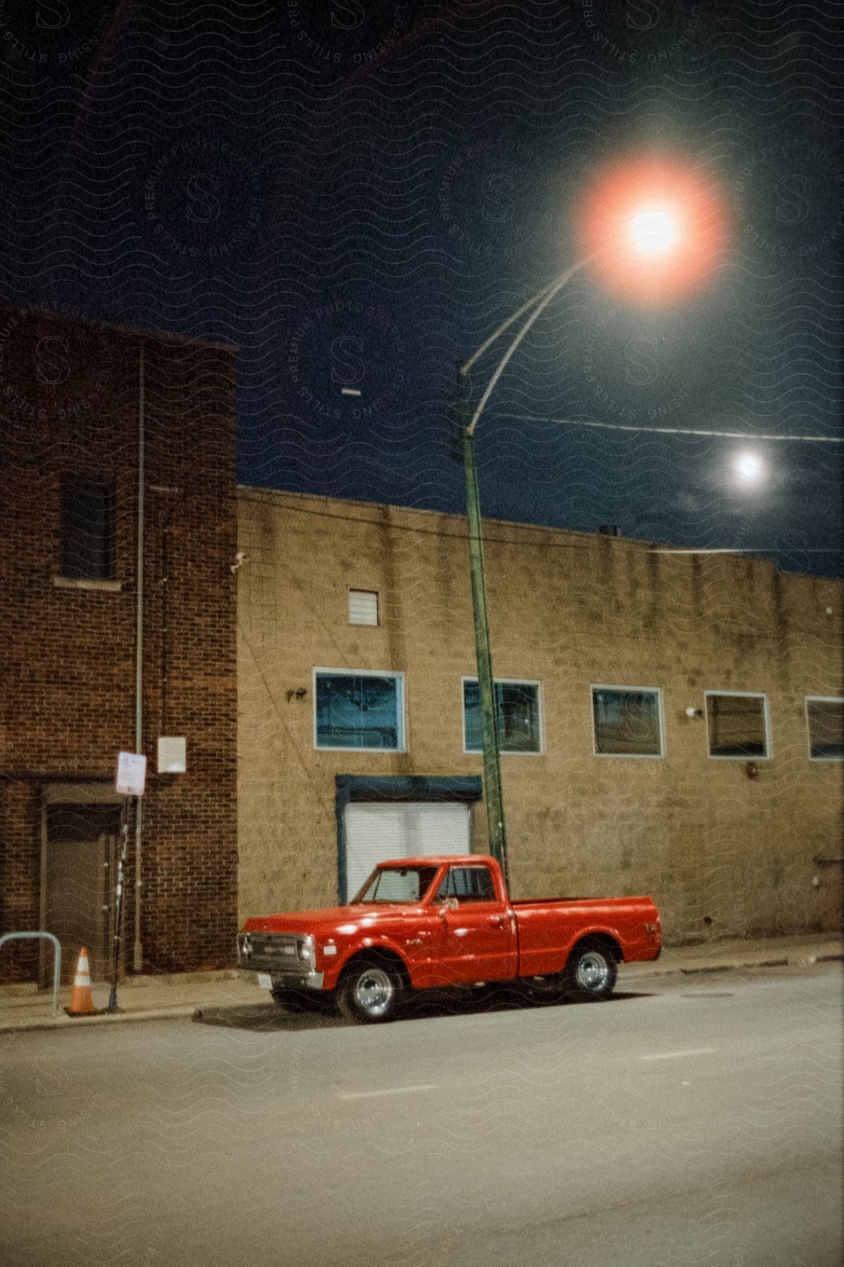 A Red Truck Is Parked On A Quiet Street With Street Lighting Next To Industrial Buildings At Night