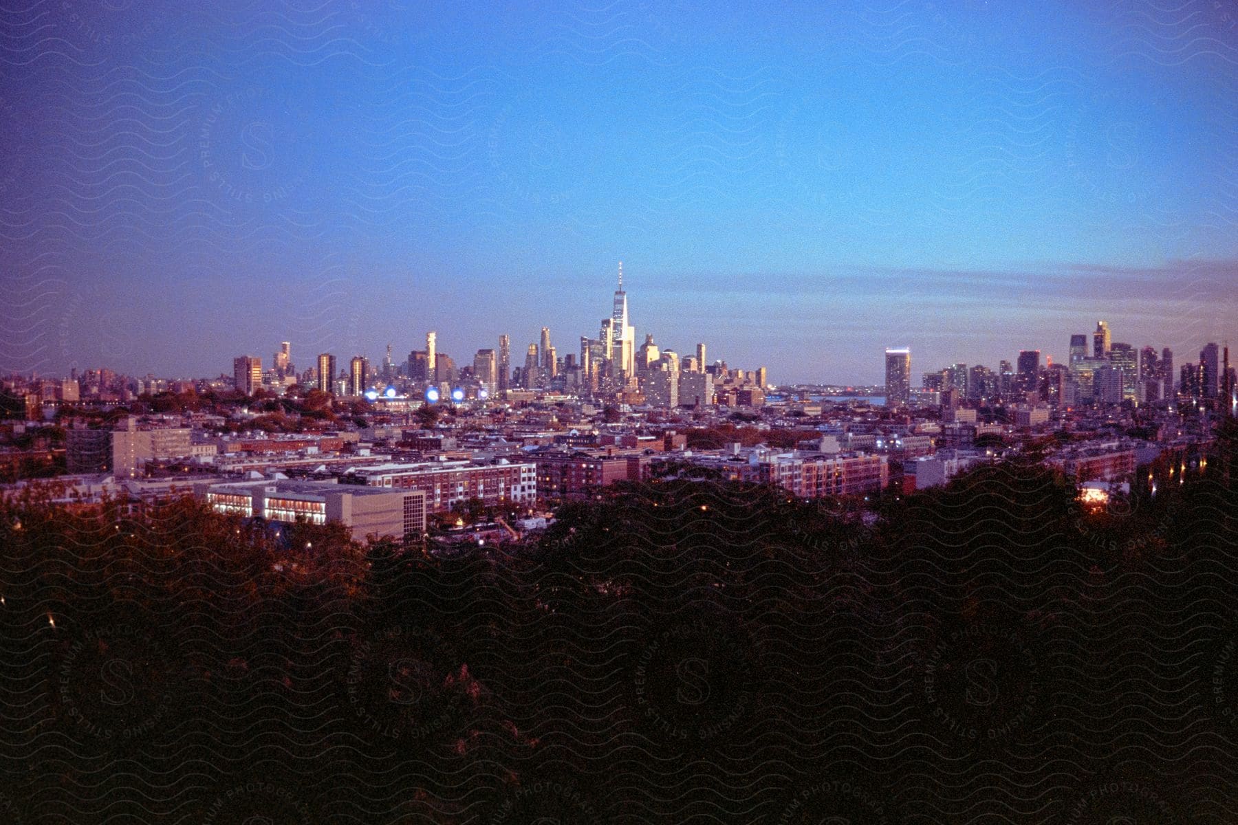 Large city skyline with tall buildings seen from a distance over trees at sunset