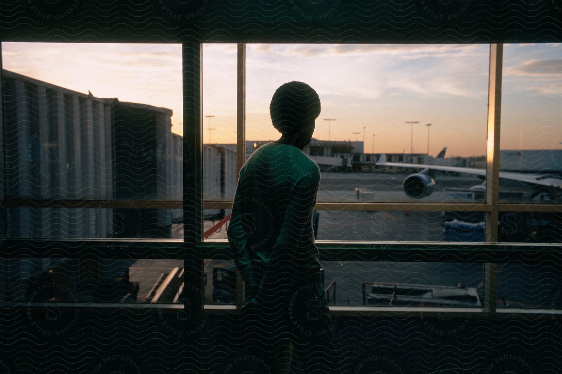 A man stands inside an airport terminal and looks out the window at a plane