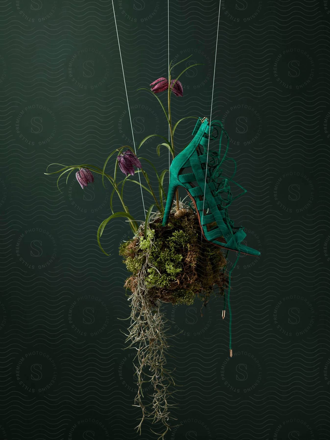 A suspended potted plant with blooming flowers topped with a high heeled shoe