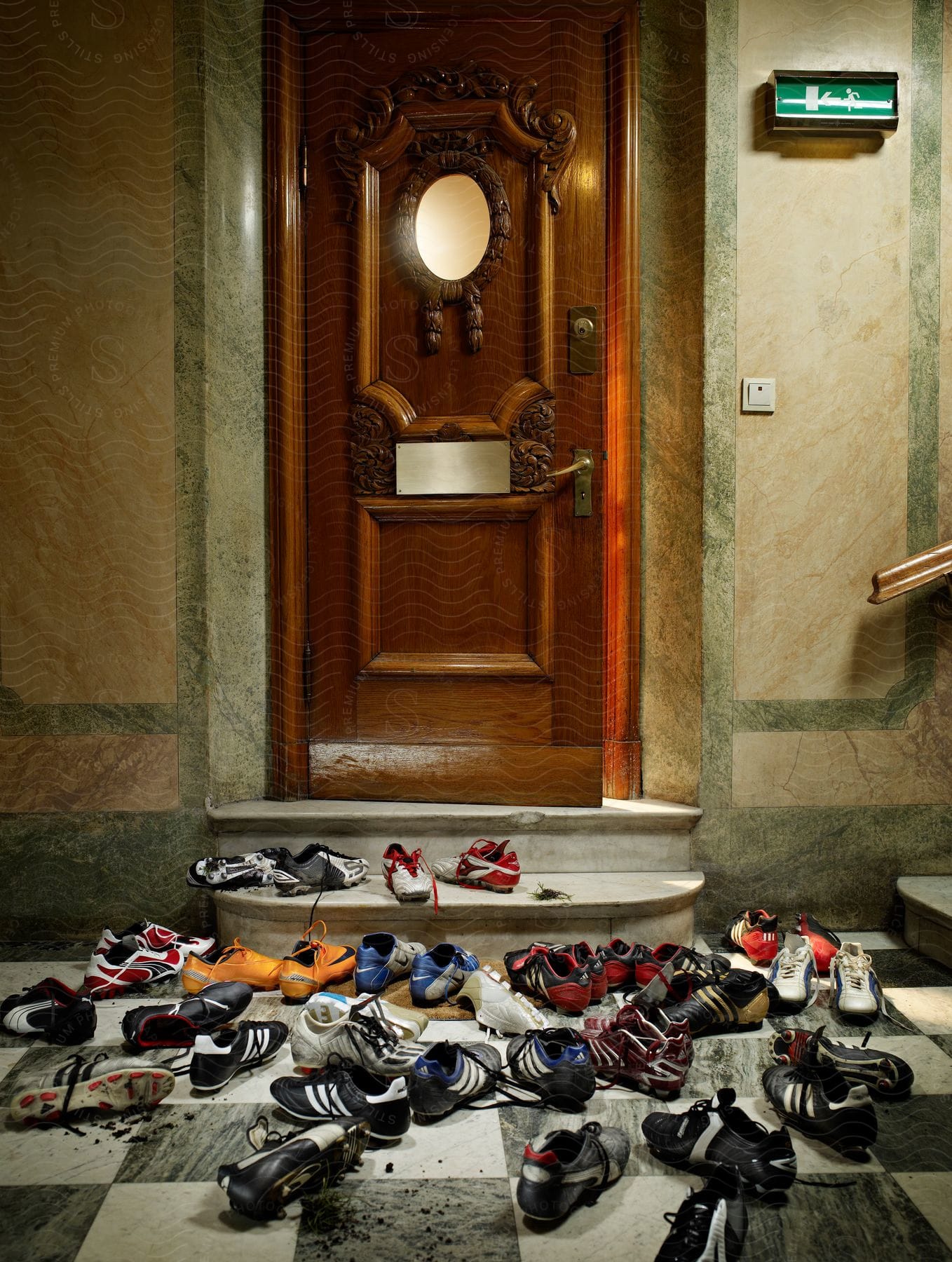 Many scattered sneakers spread in front of an old style apartment door