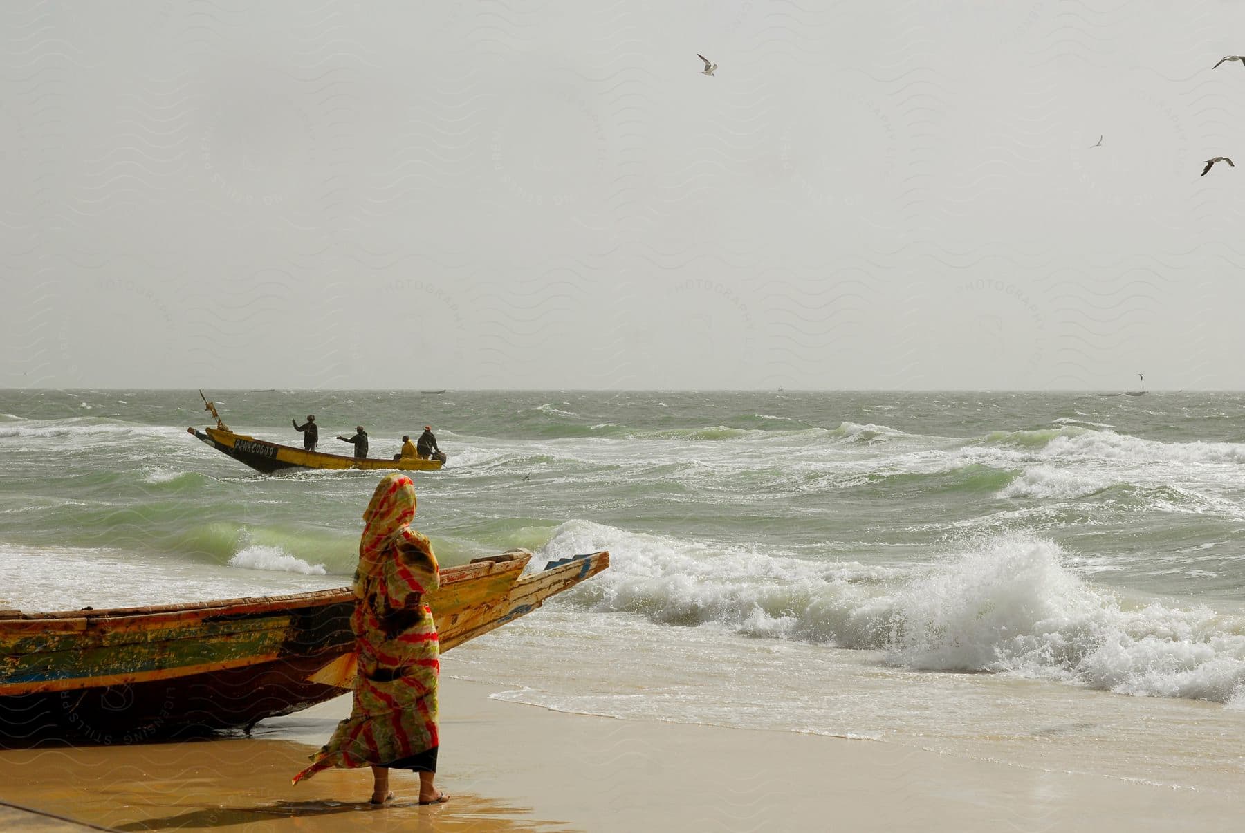 At the beach a woman stands near the water with a canoe while watching others in another canoe