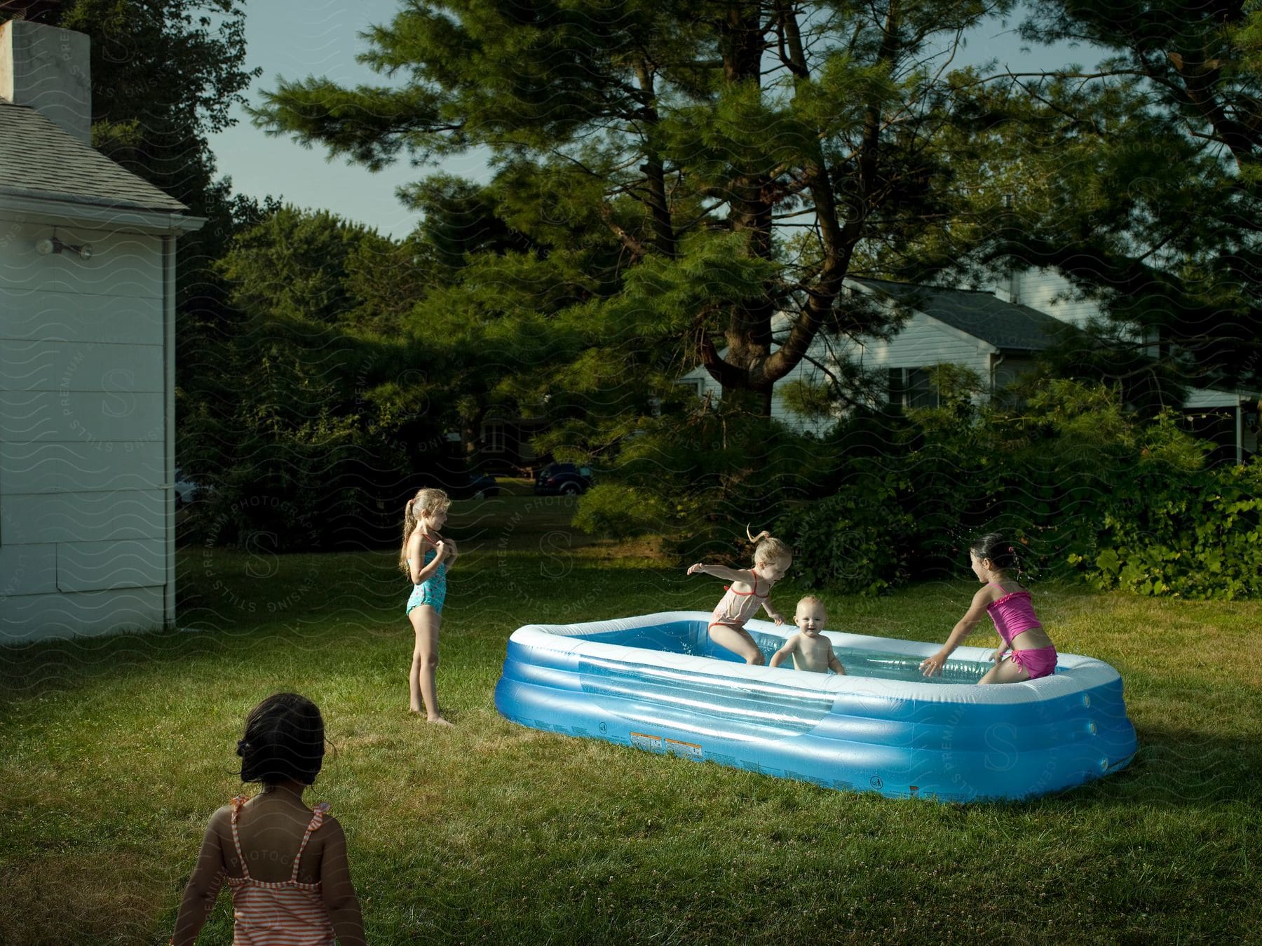 Children playing in a plastic pool in a backyard on a sunny day