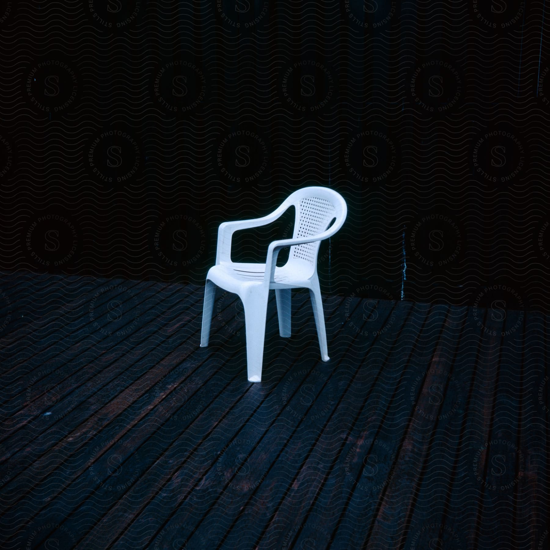 A white plastic armchair on a wooden deck in front of a black curtain