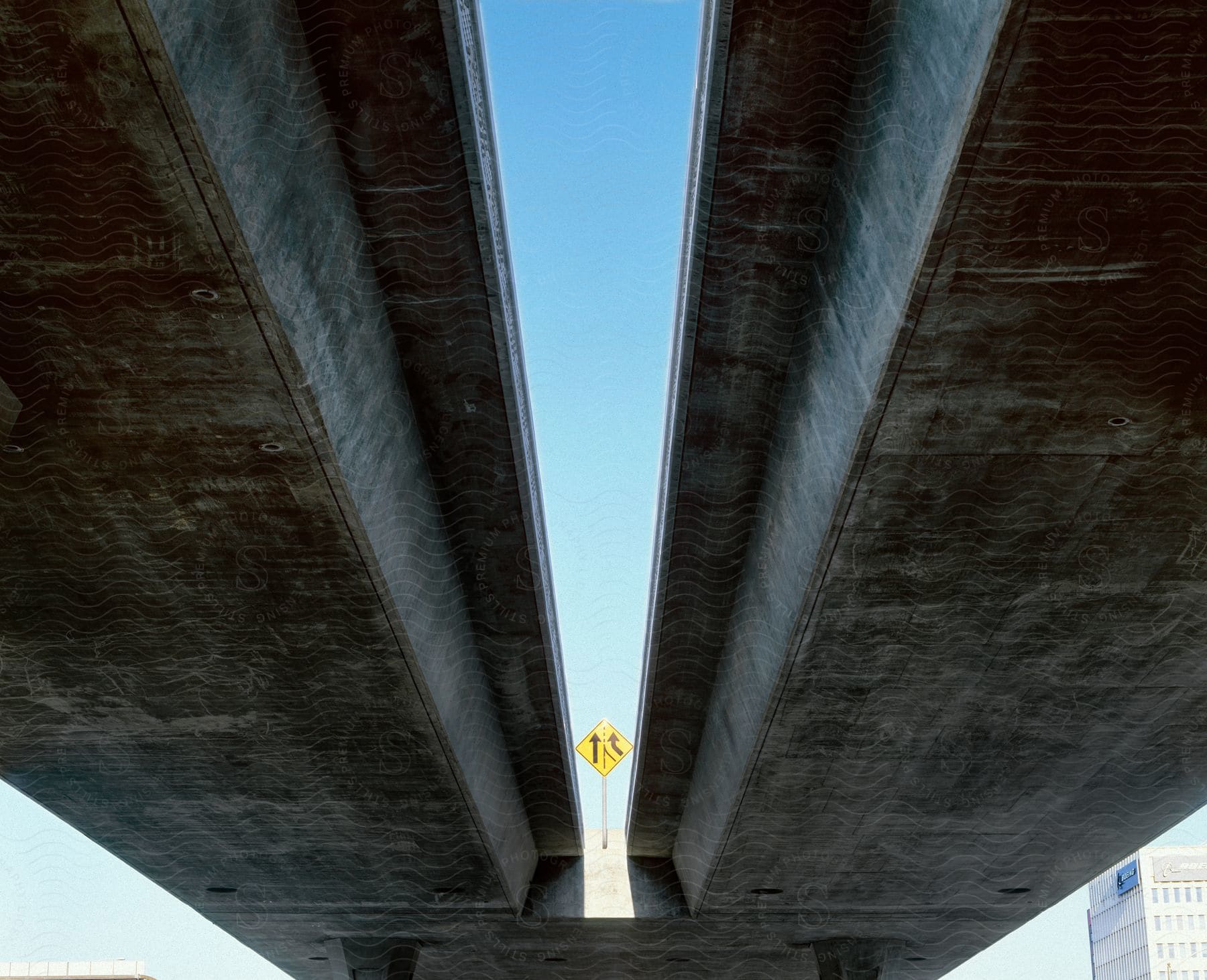 A road sign indicating an upcoming merge on a bridge