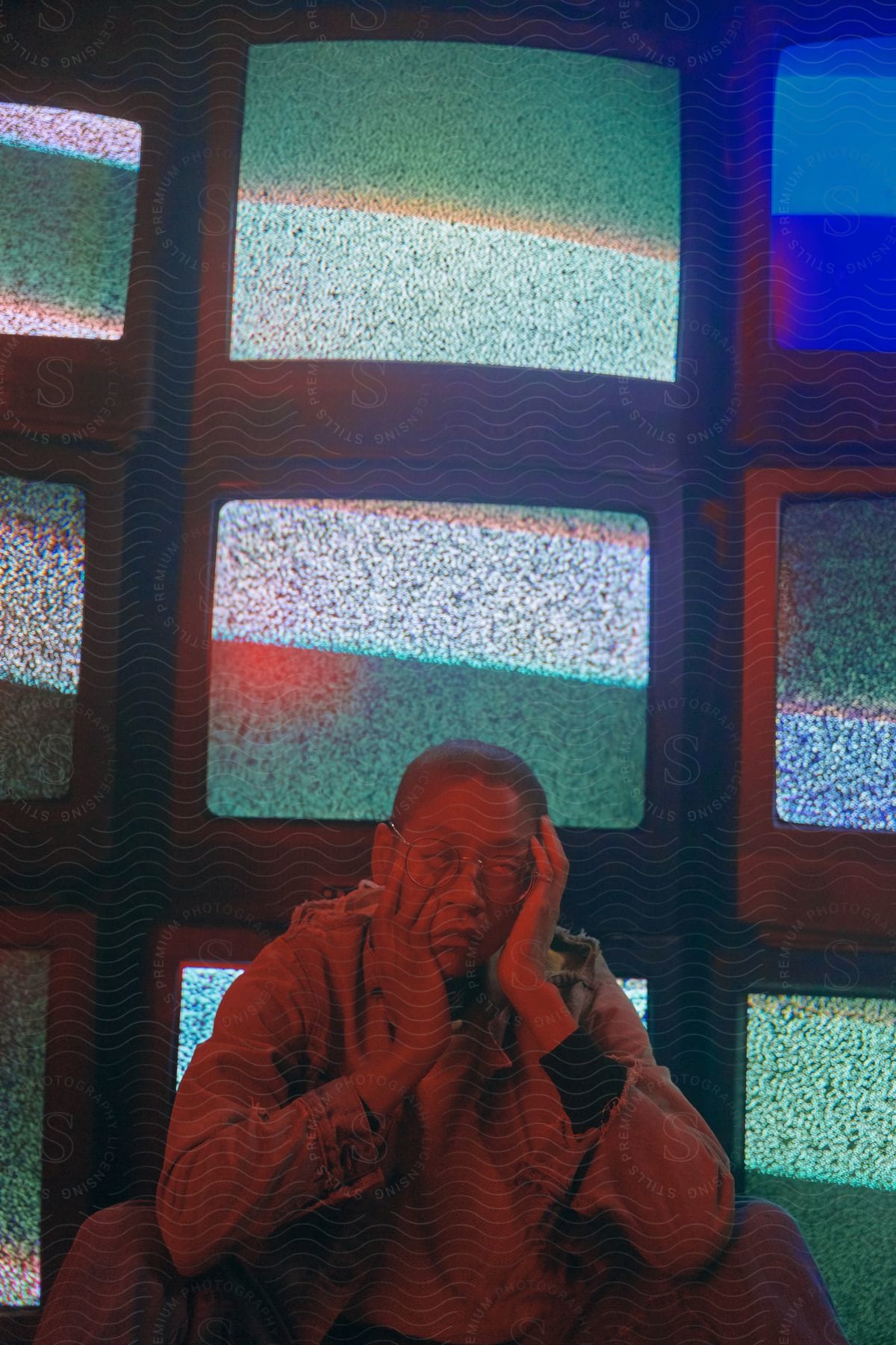 A black boy sitting in front of several monitors indoors