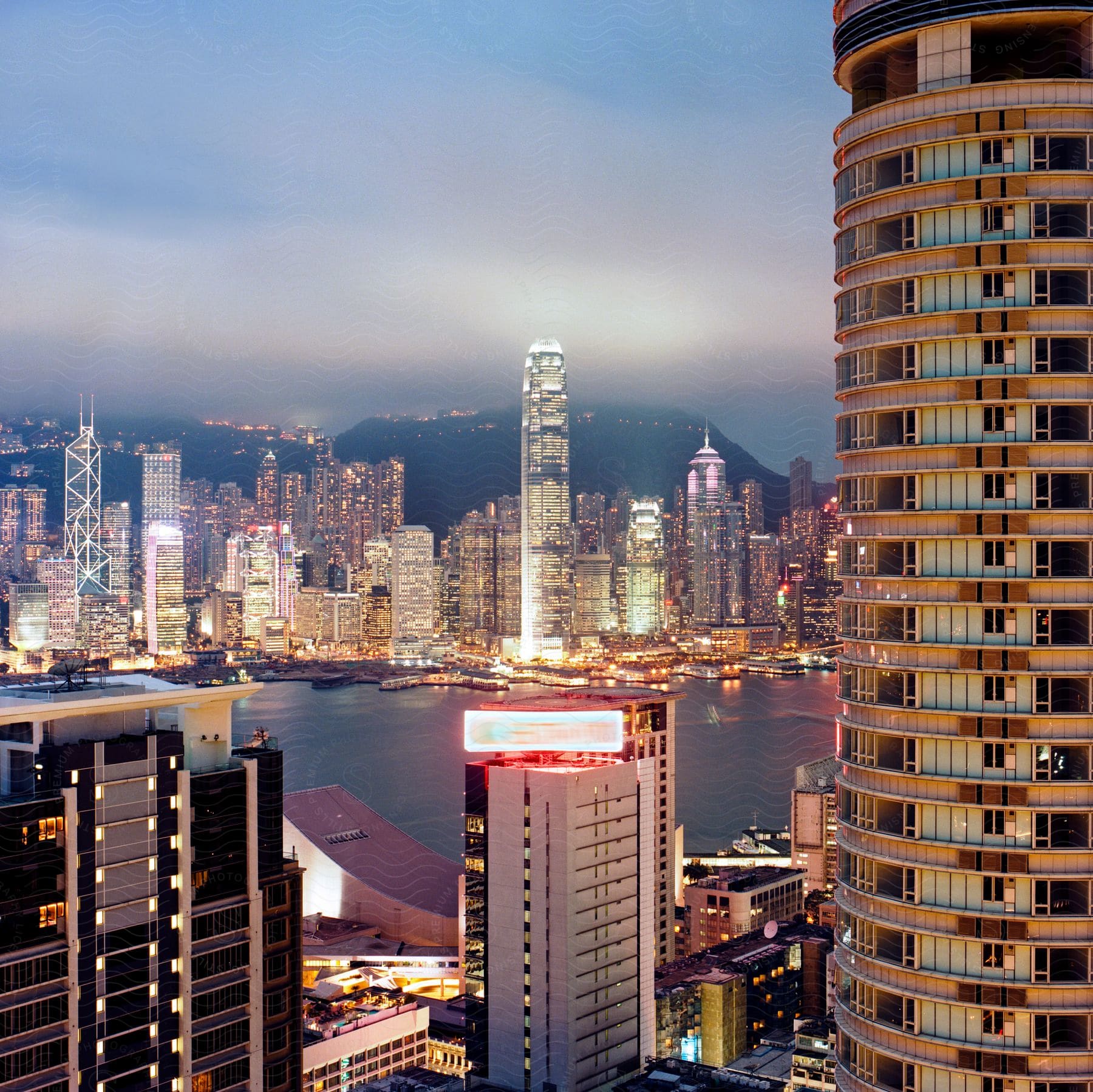 A downtown city near the coast photographed from above