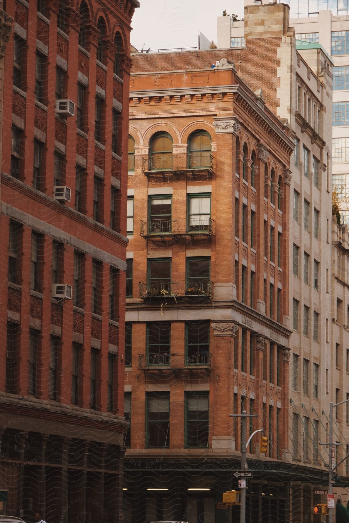 Brick buildings at a city intersection on a cloudy day