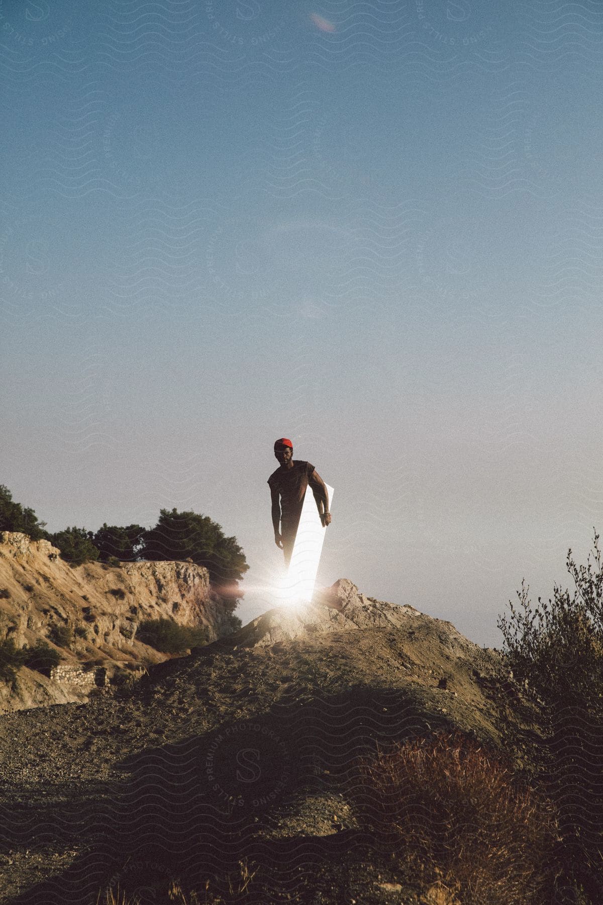 A man standing on a mountain ridge holding a mirror that reflects the sun