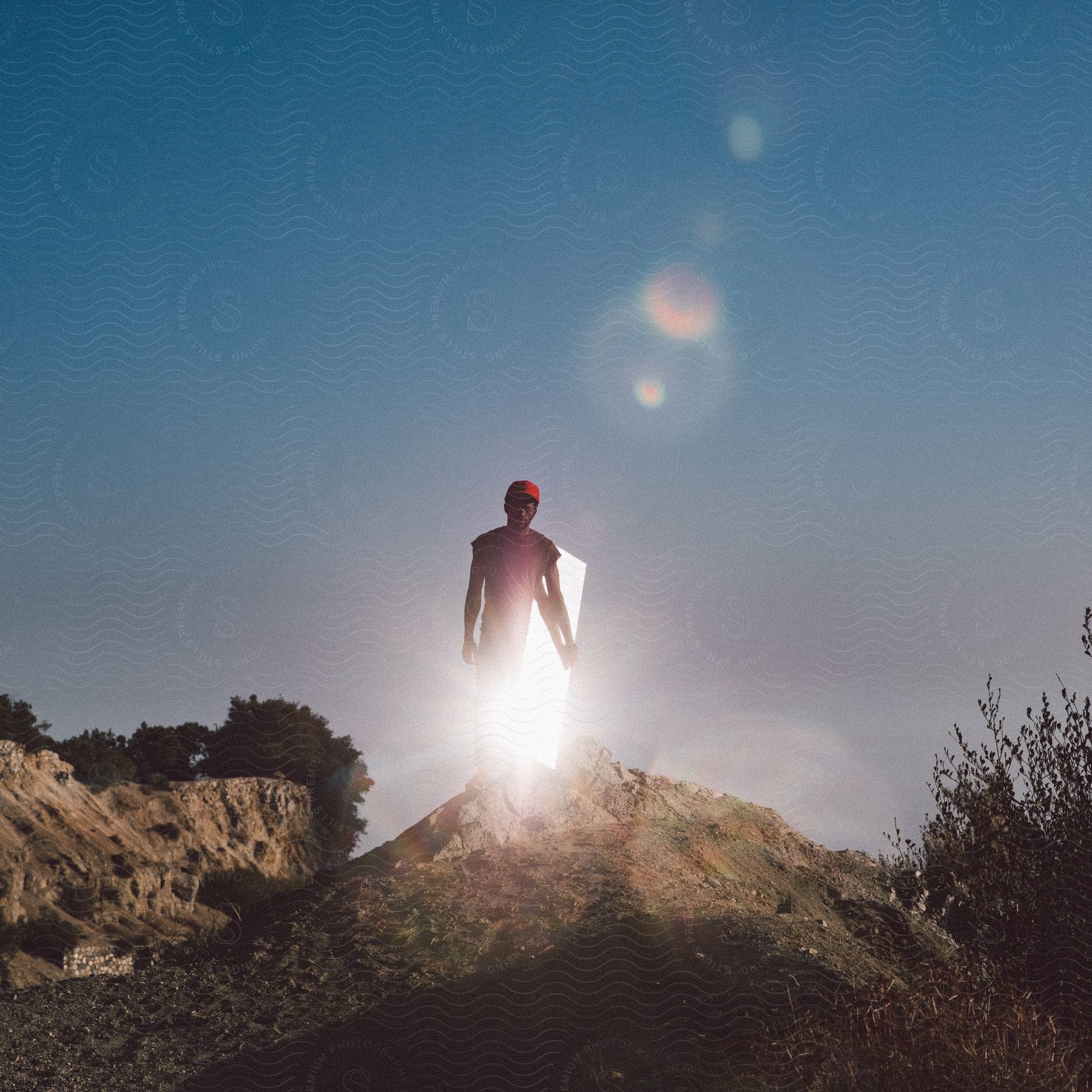 Man standing on a rock holding a mirror reflecting the sun wearing a red cap and black tshirt