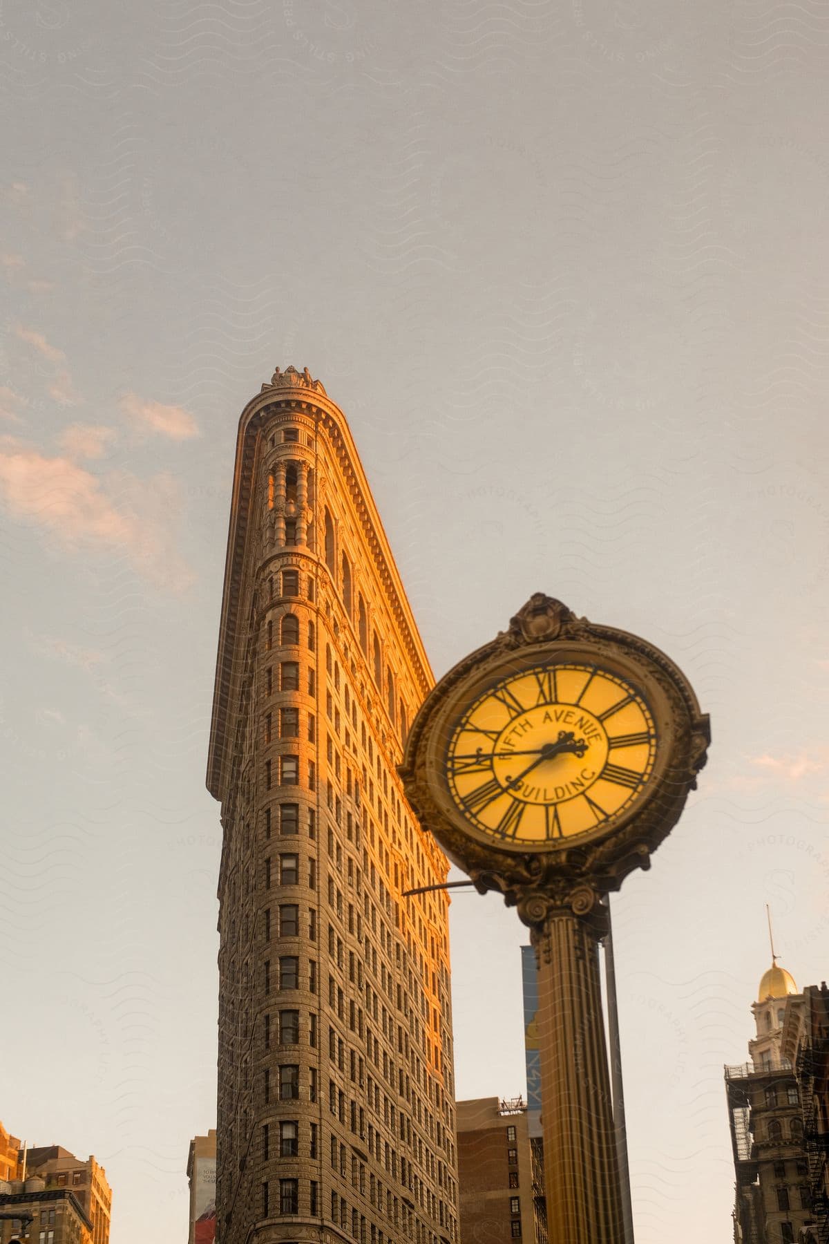 The photo features a wellknown new york city landmark the flatiron building with a clock on its tower against a cloudy sky