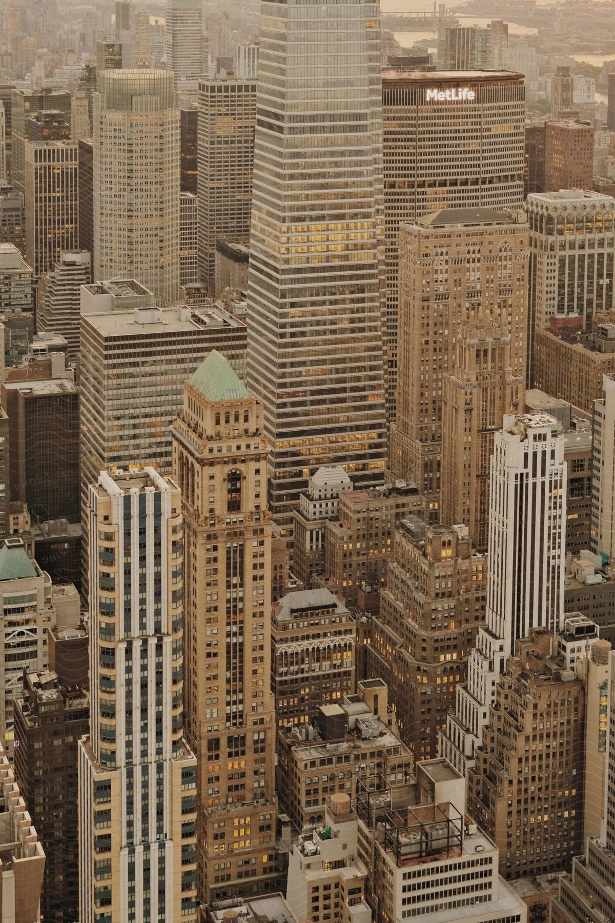 A city skyline with tall buildings and urban architecture