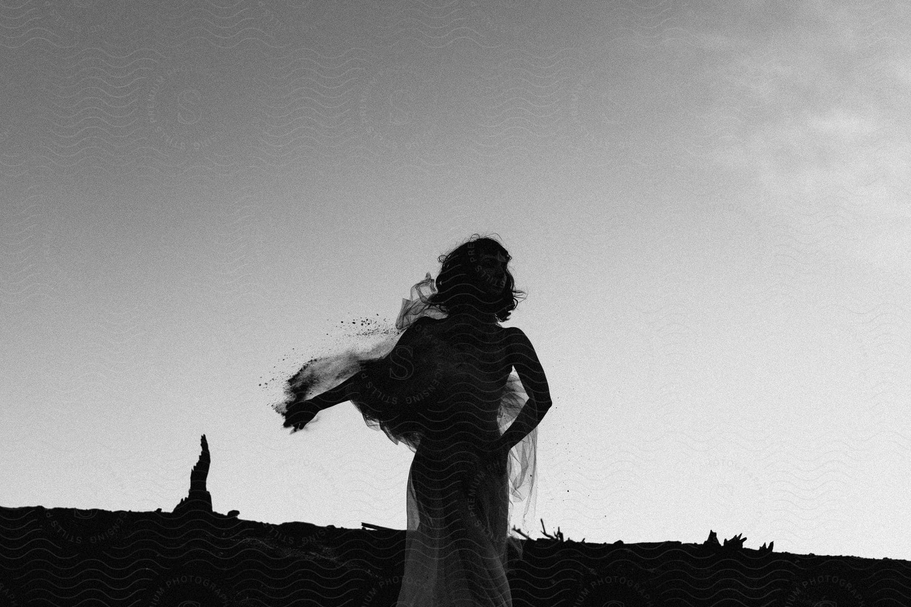 Woman in wedding dress silhouetted against the sky in a field