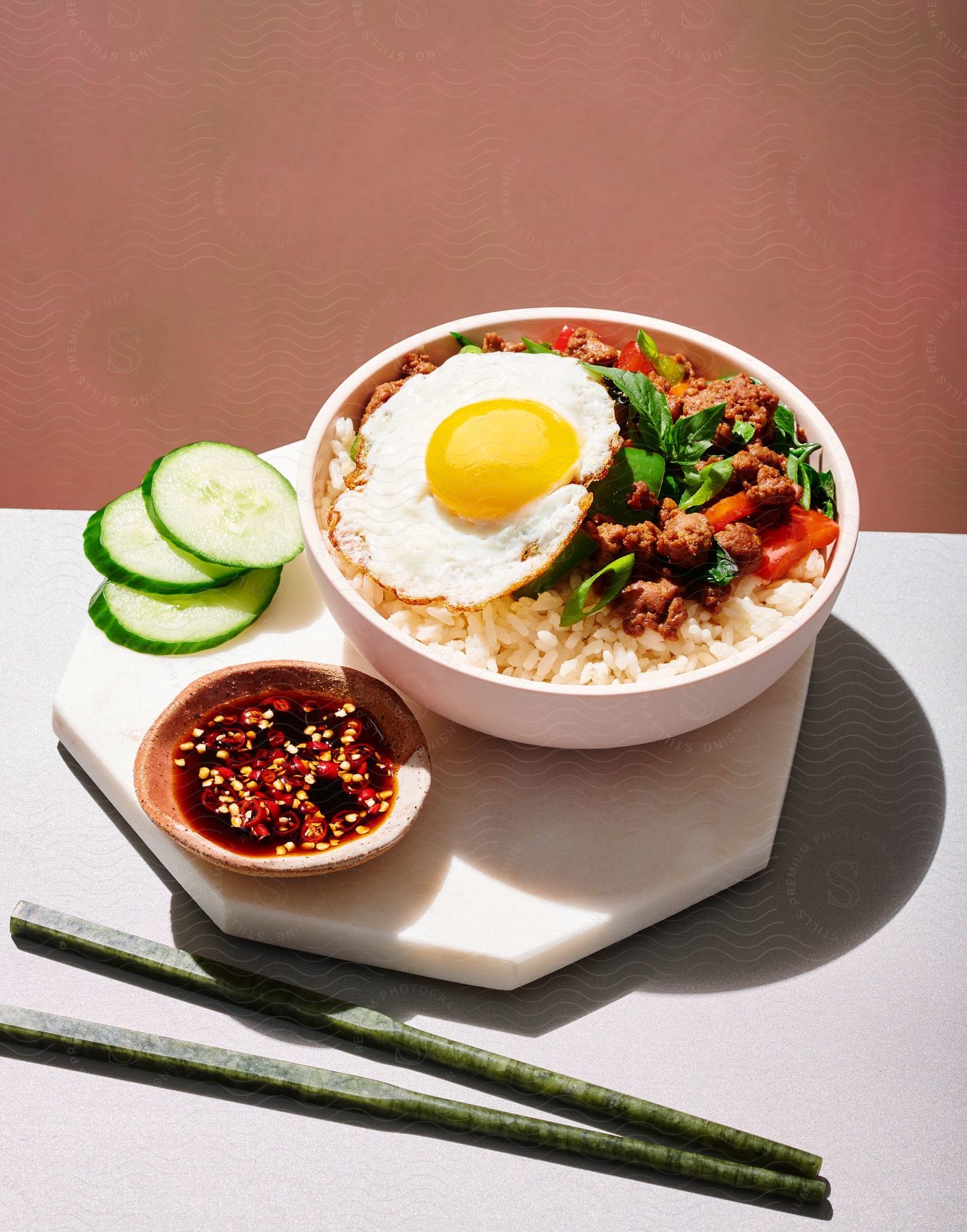 An asian rice bowl with chili sauce on the side