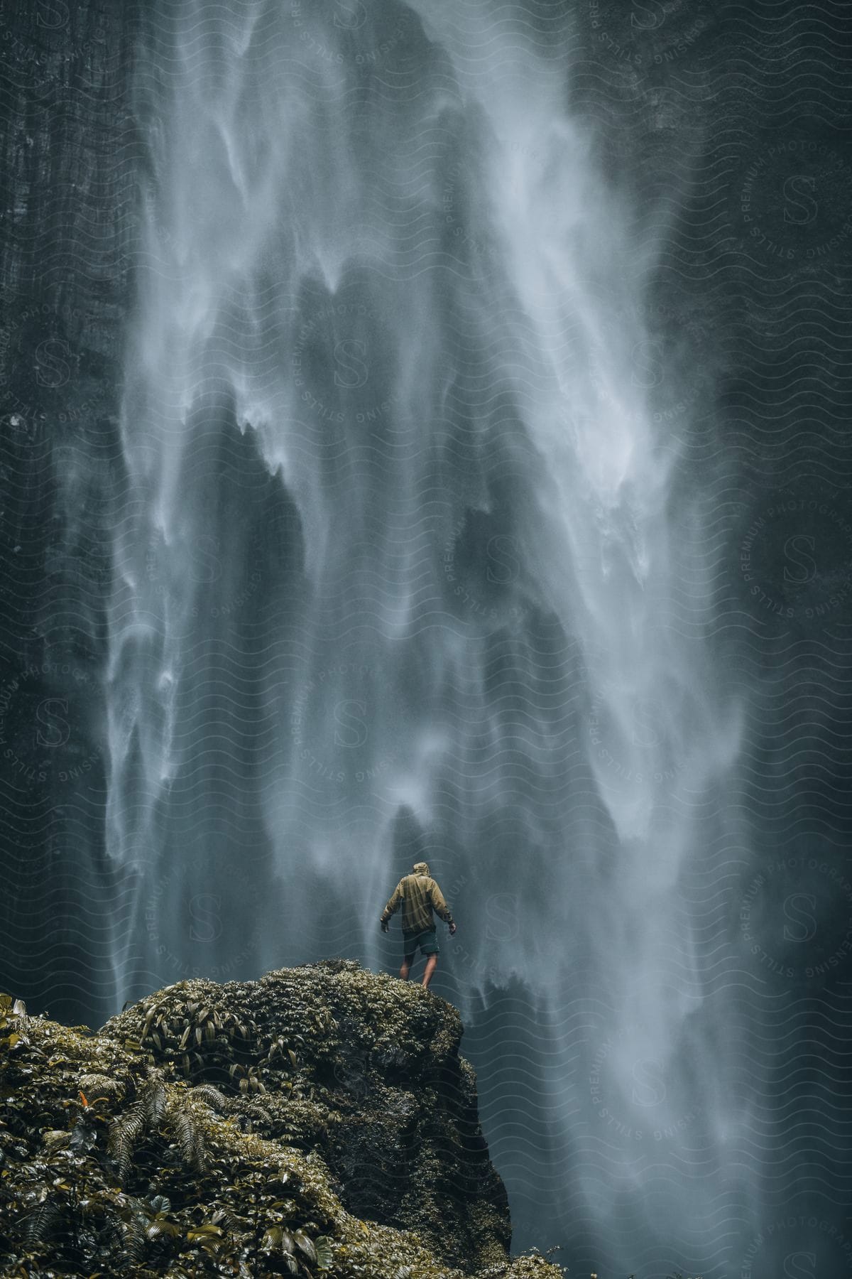 A man hiking near a waterfall during the midday in indonesia