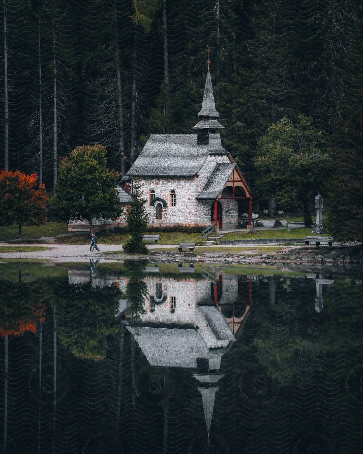 Exterior building surrounded by woods next to lake prags