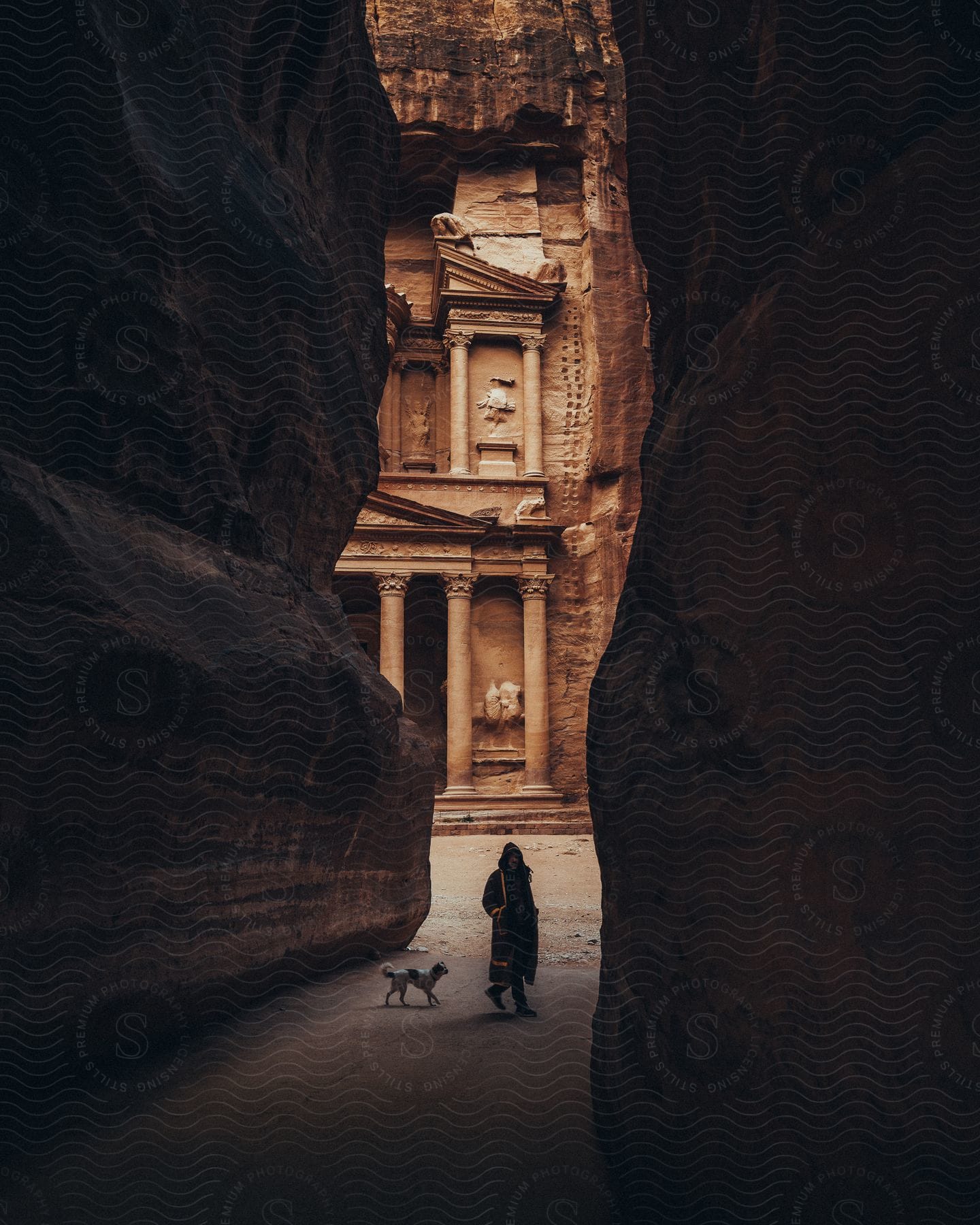 Man in black cloak and dog stand in front of petra in archaeological city