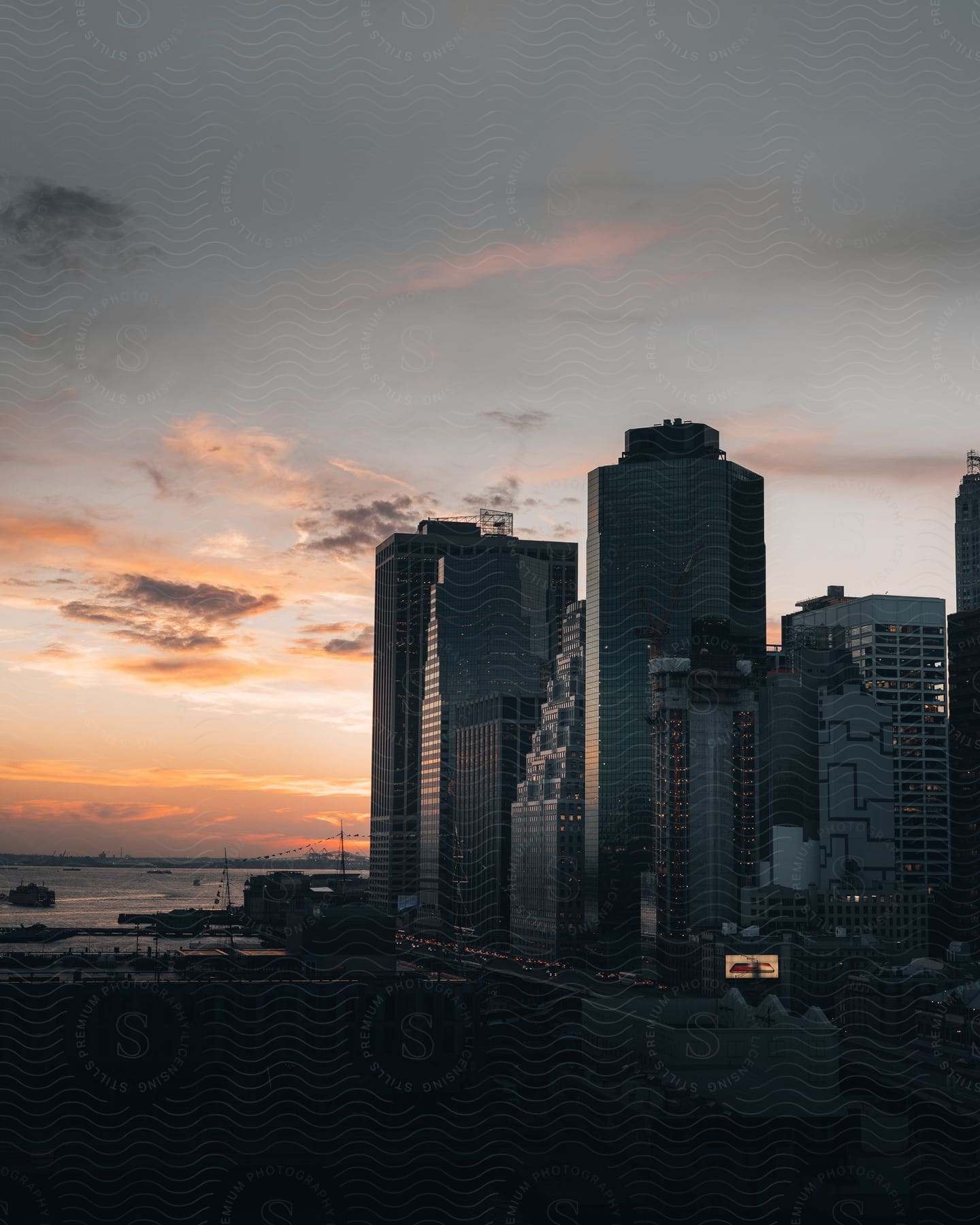 Exterior office buildings against the sunset sky in the city