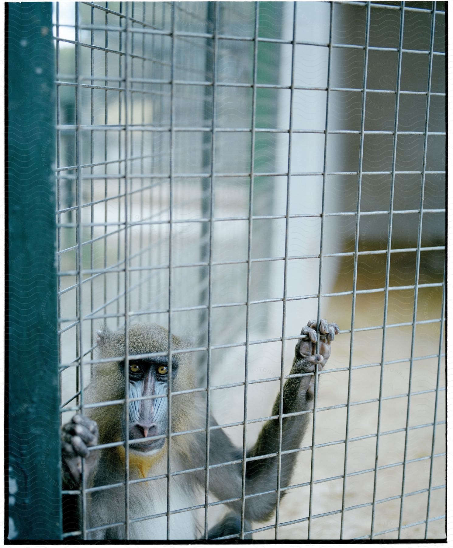 A monkey in a cage grasping onto the bars in an outdoor zoo