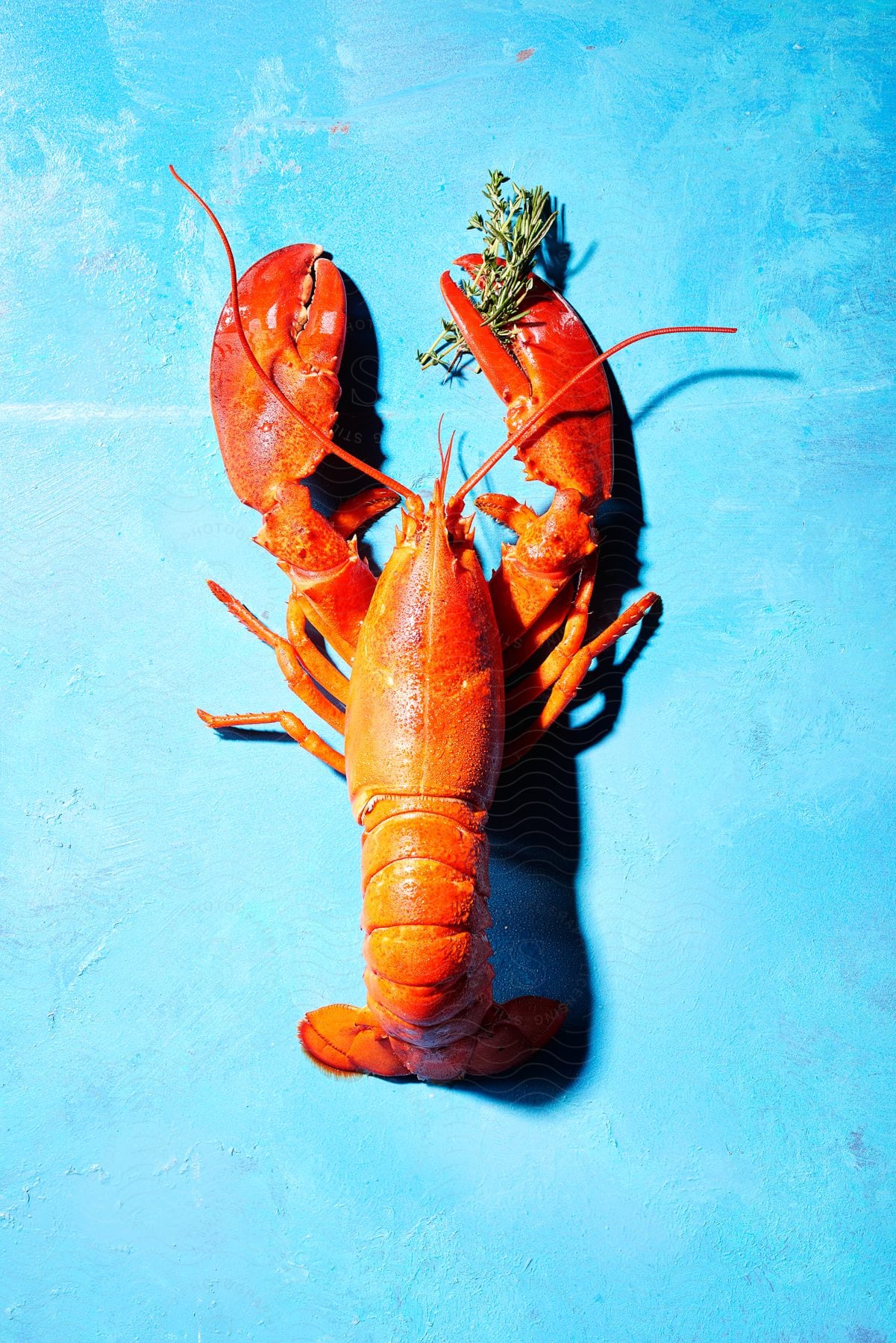 Stock photo of a lobster on a blue surface clutches a plant