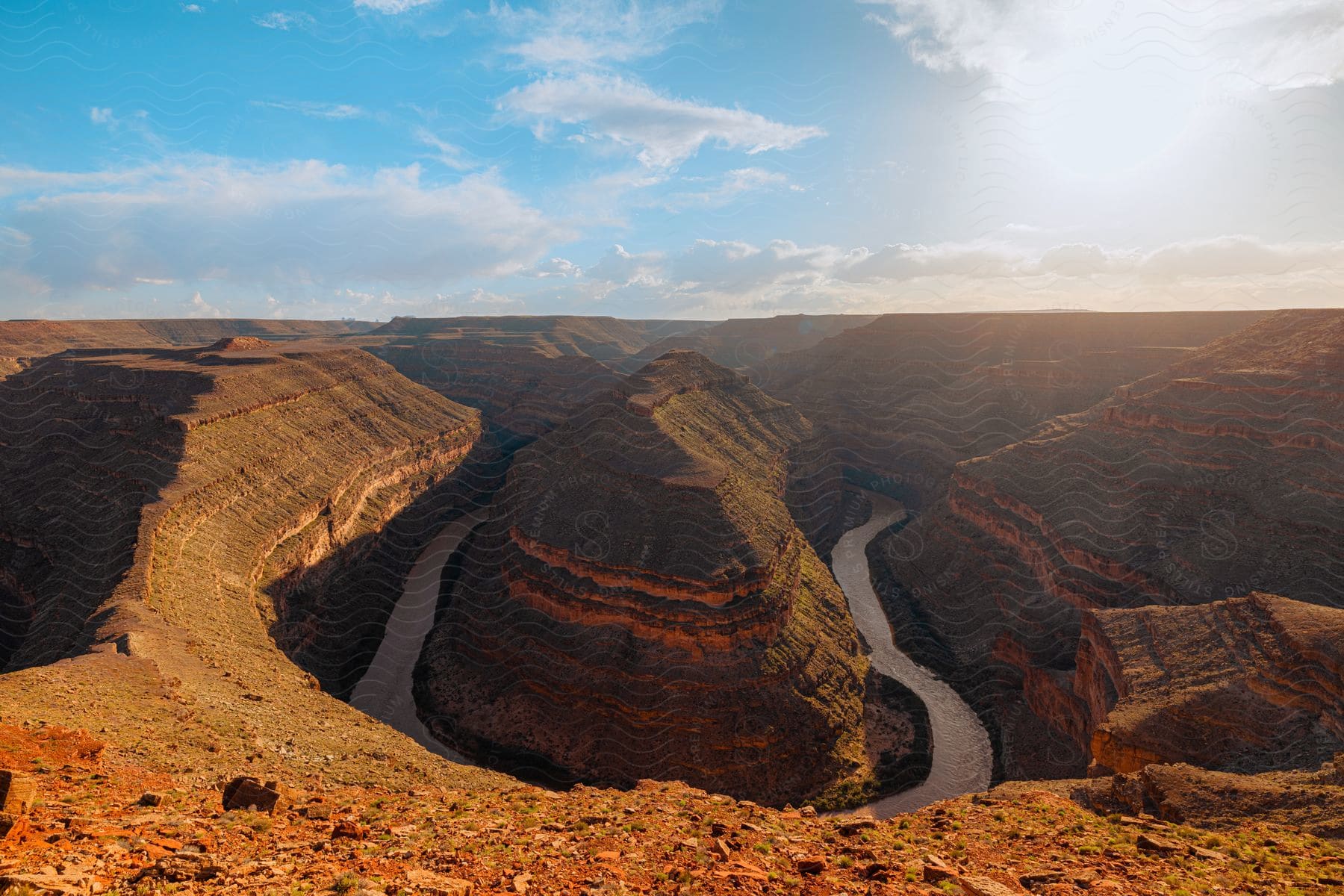 Aerial shot of canyons and valleys in a natural landscape