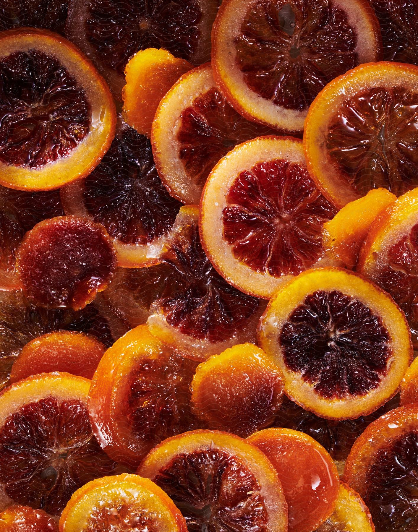 Many thin slices of blood oranges