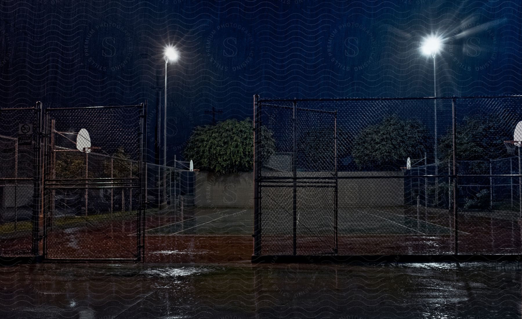 Basketball court on a rainy night with an empty urban scene illuminated by bright floodlights and surrounded by chain link fences and street lights